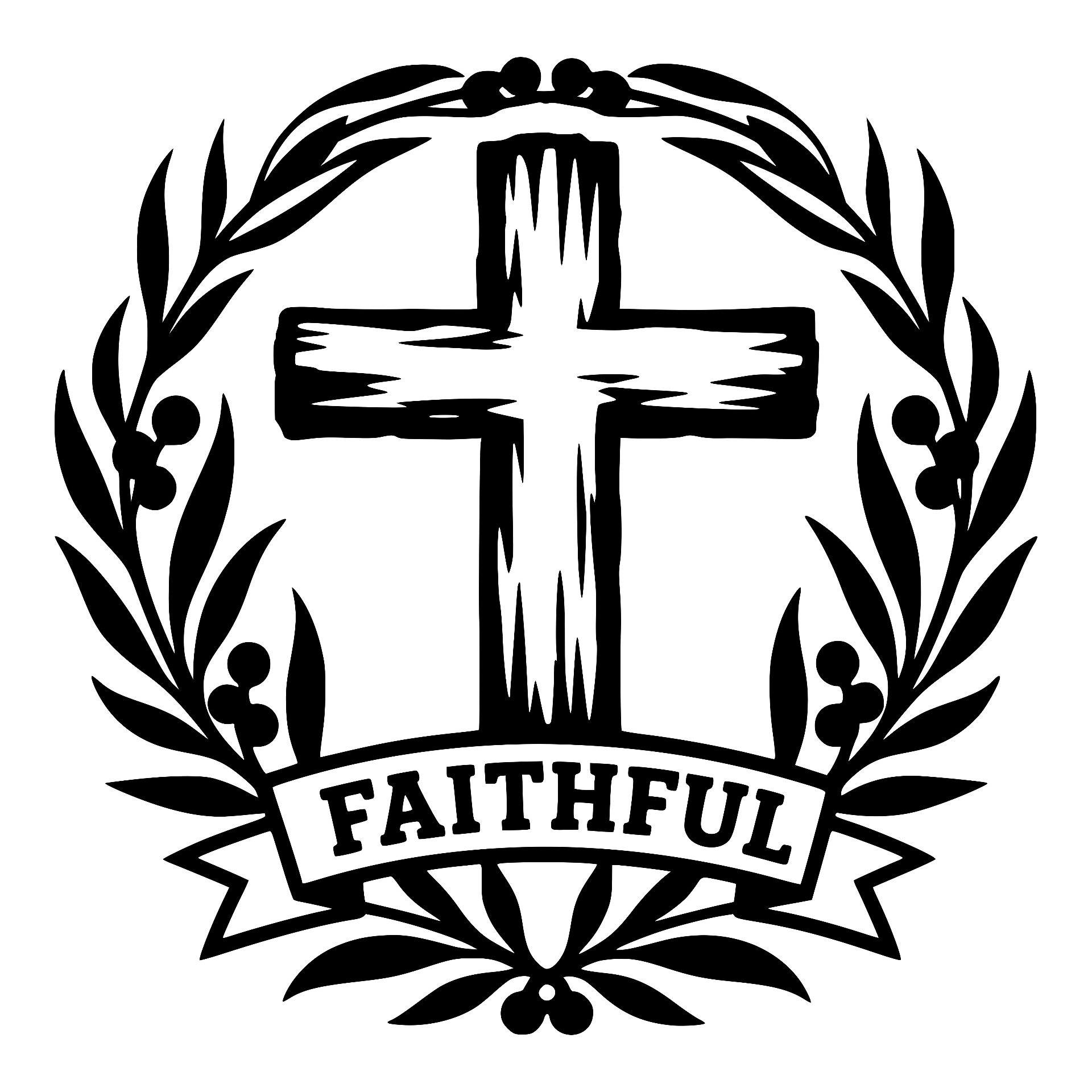 Cross inside a laurel wreath with a Faithful banner