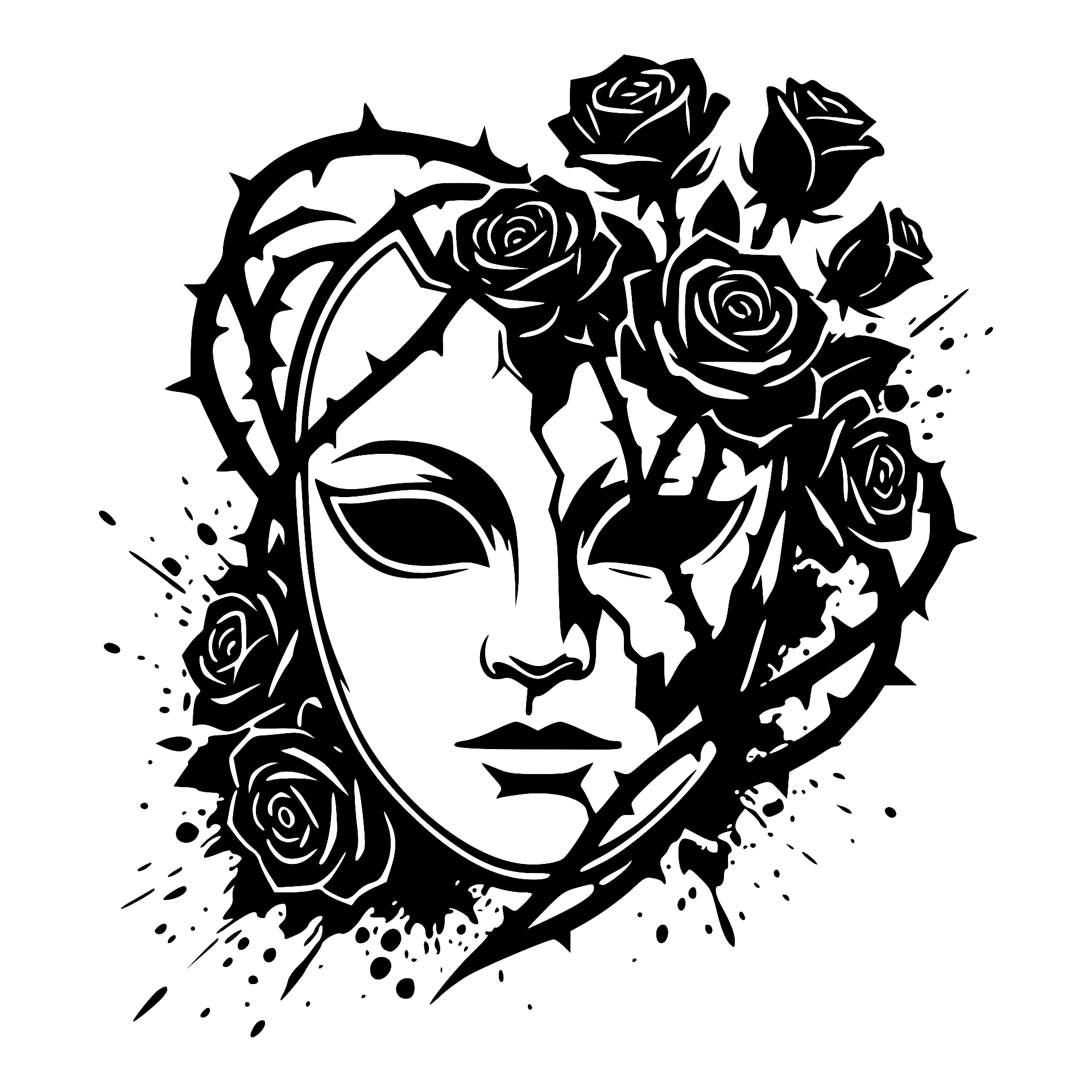 Cracked woman's face mask wreathed in roses and thorns