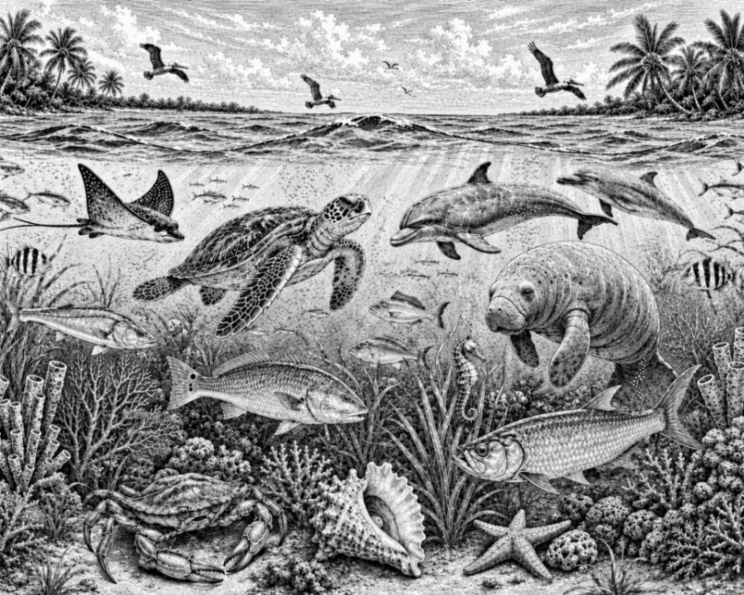 Florida marine life scene with sea turtle, dolphins, and manatee