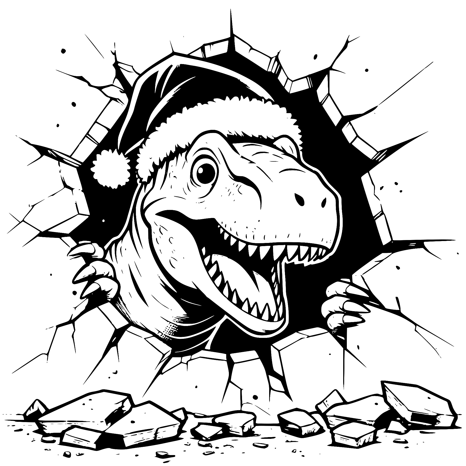 T-rex dinosaur in a Santa hat breaking through a wall