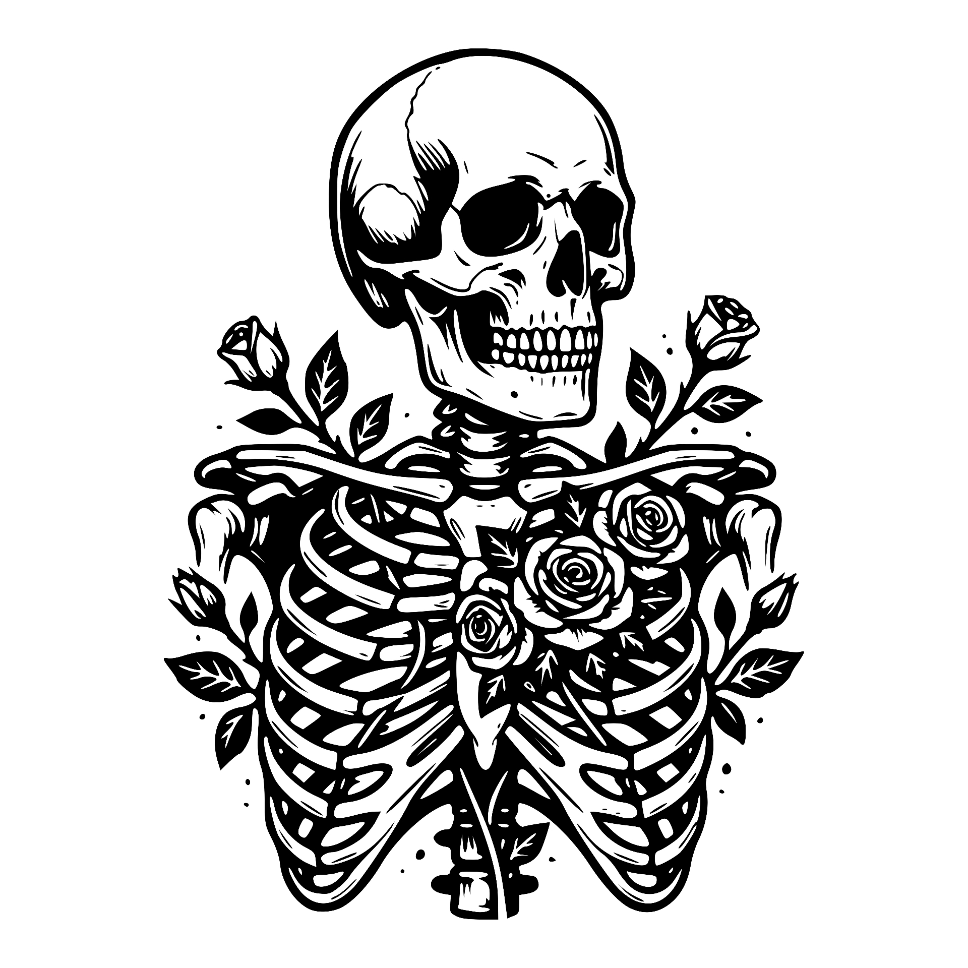 Skeleton skull and ribcage with roses