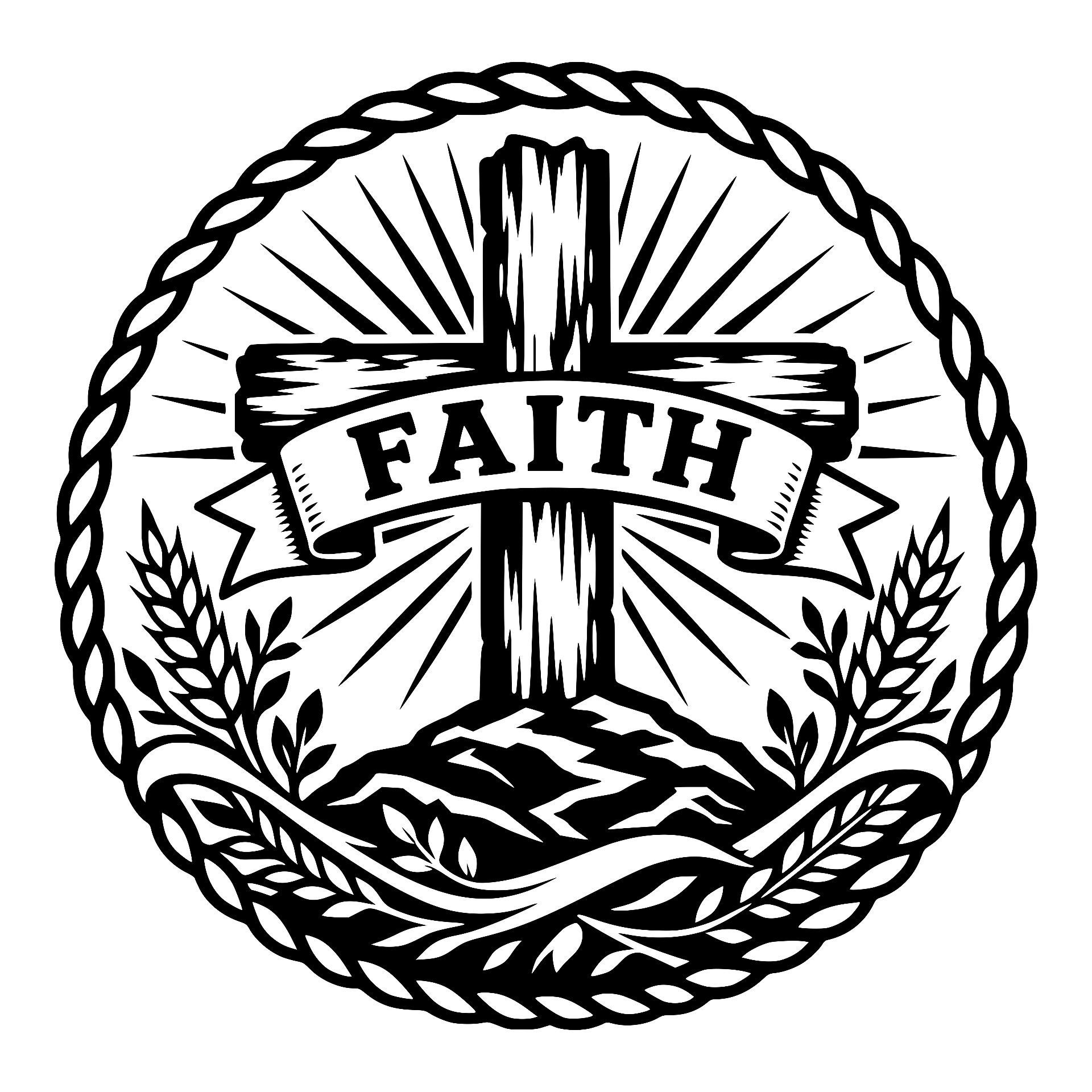 Faith cross emblem with sunburst and wheat in a rope circle
