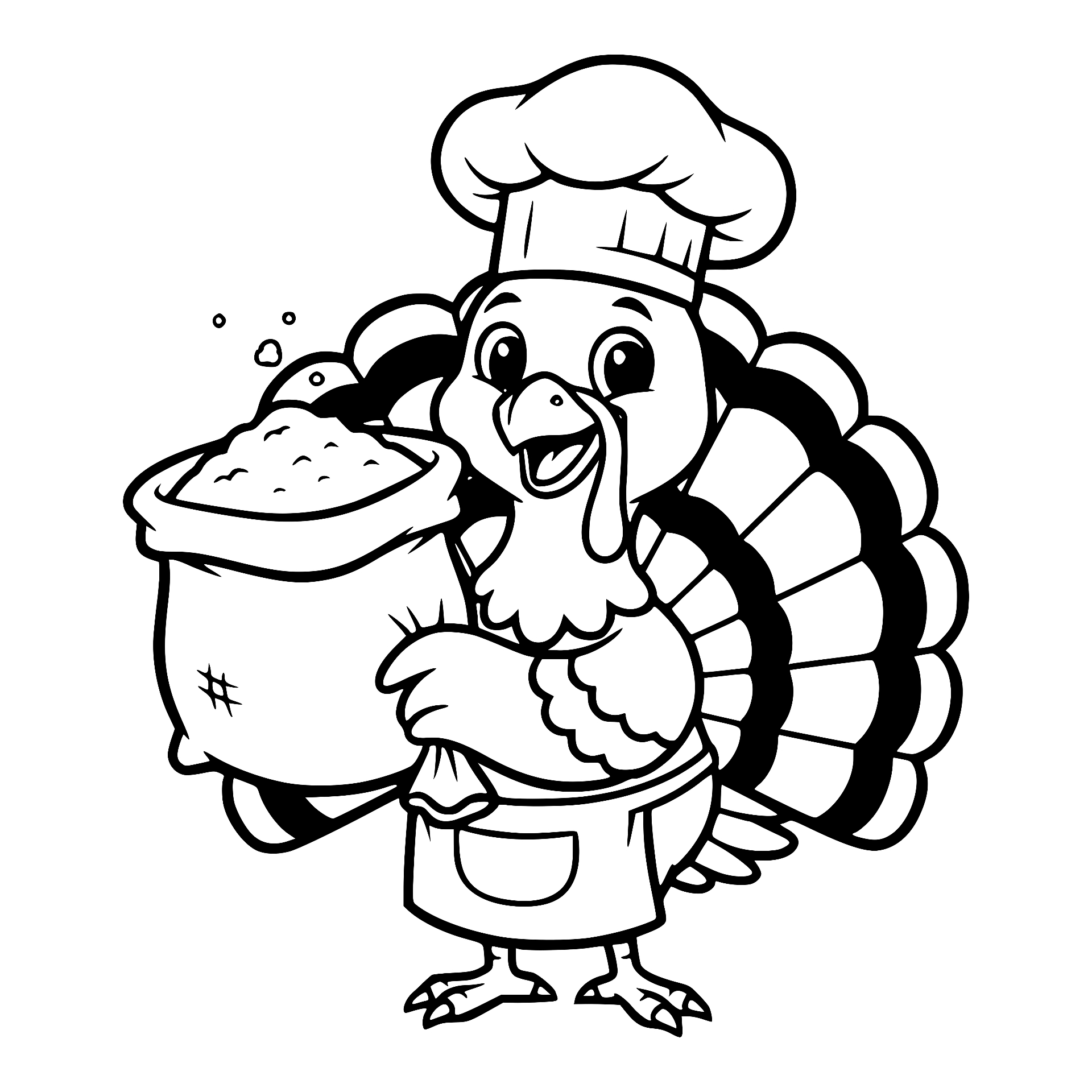 Chef turkey in an apron holding a pot of stuffing