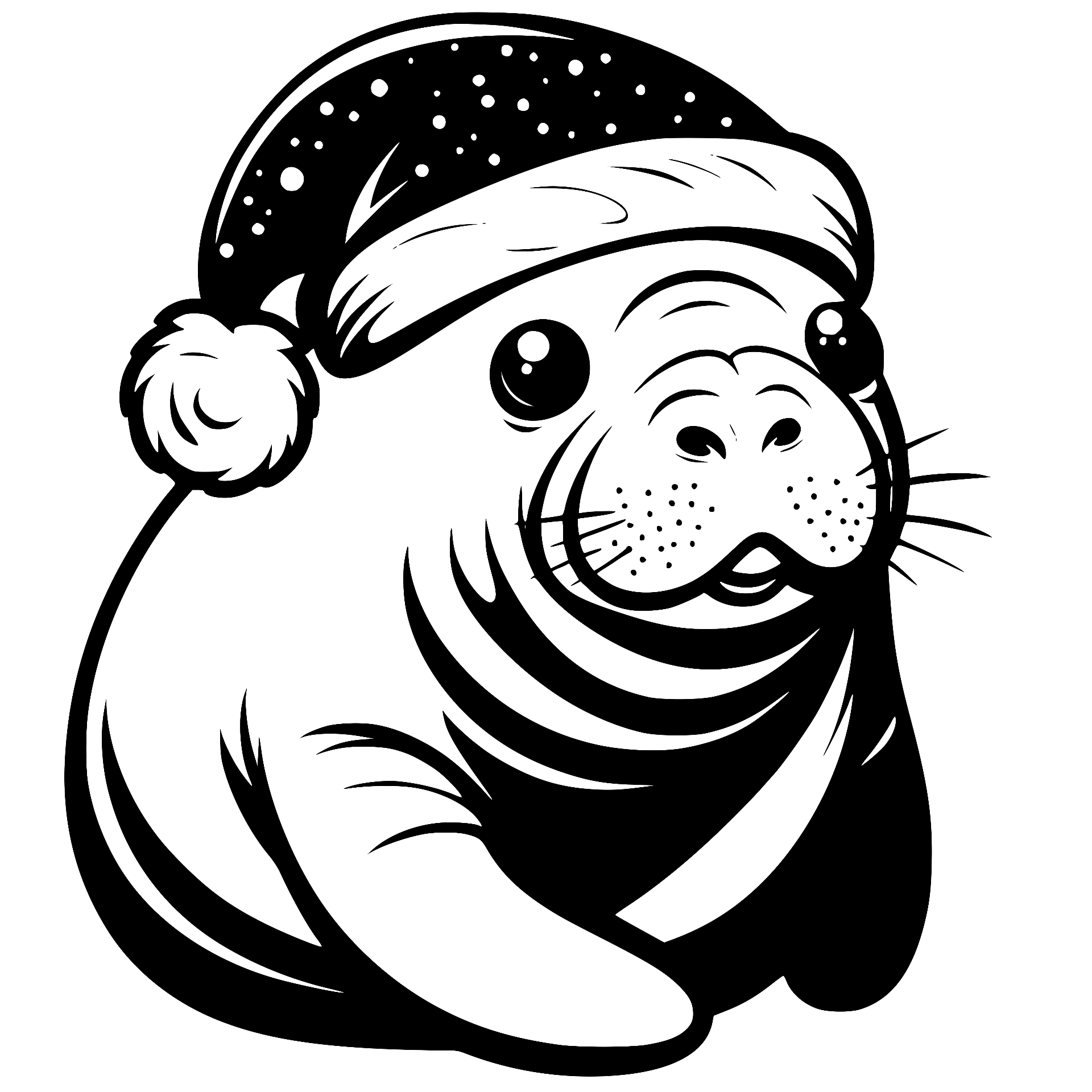 Winking manatee wearing a Santa hat