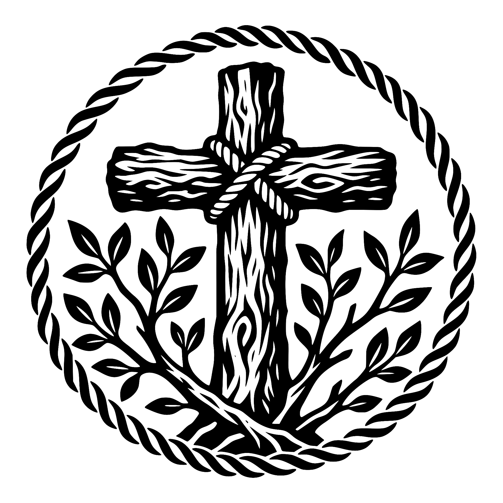Wooden cross with leafy branches inside a rope wreath