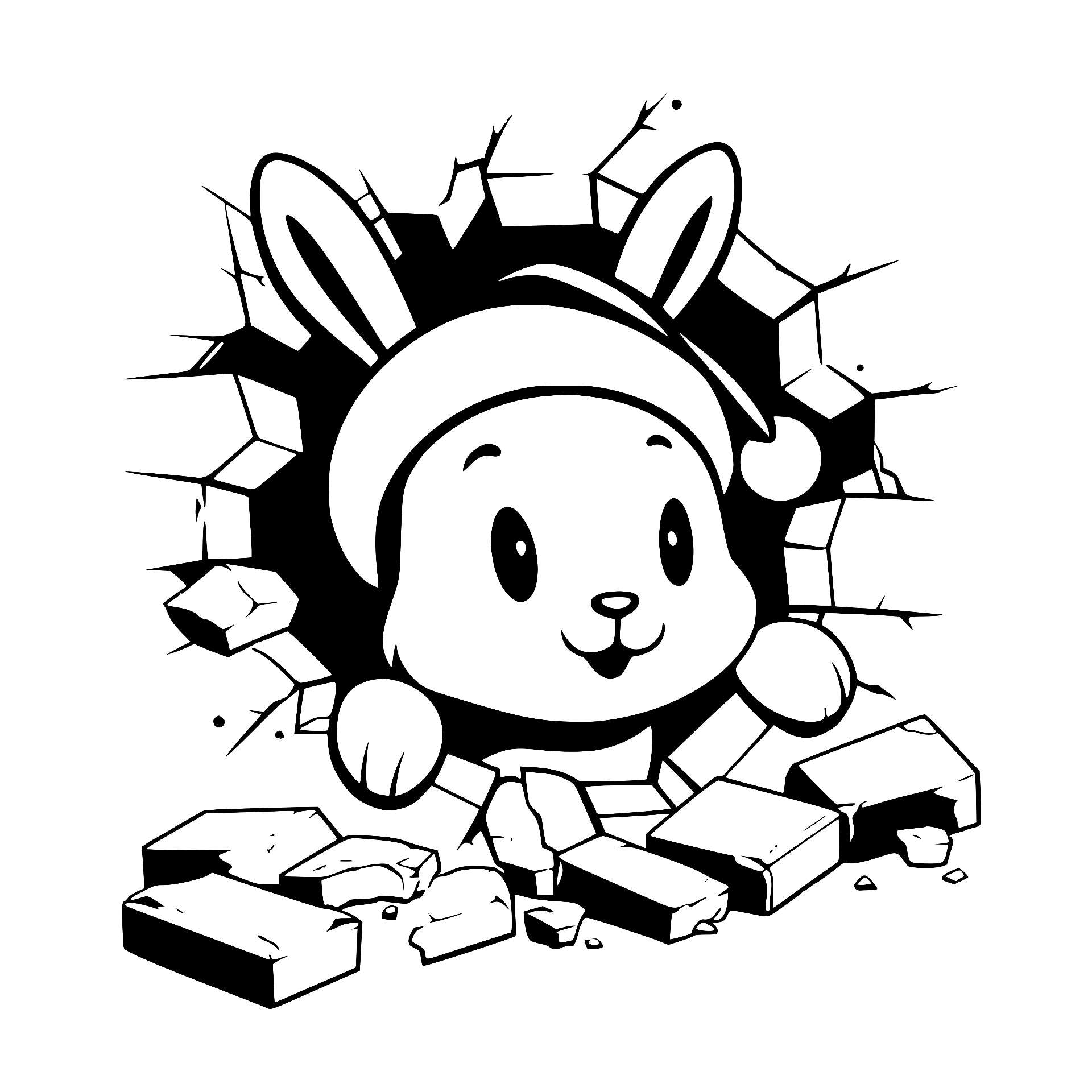 Rabbit in a Santa hat breaking through a brick wall