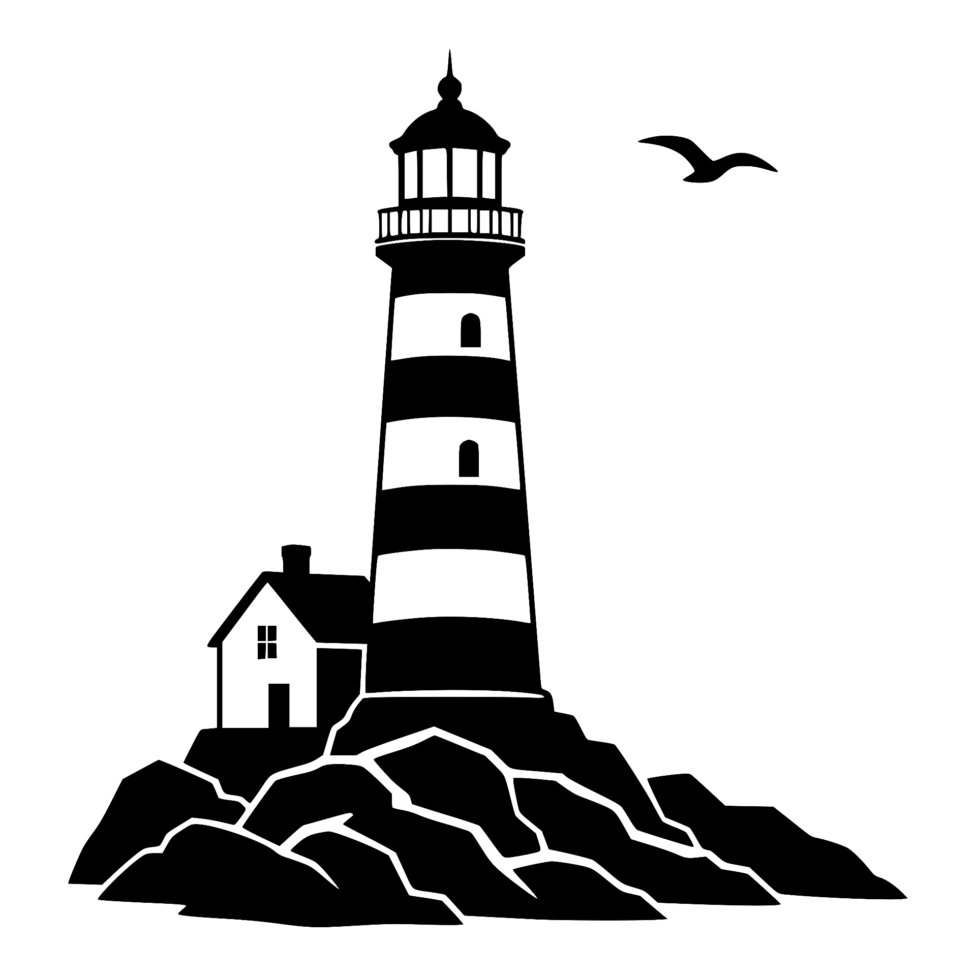 Lighthouse with cottage on rocky shore