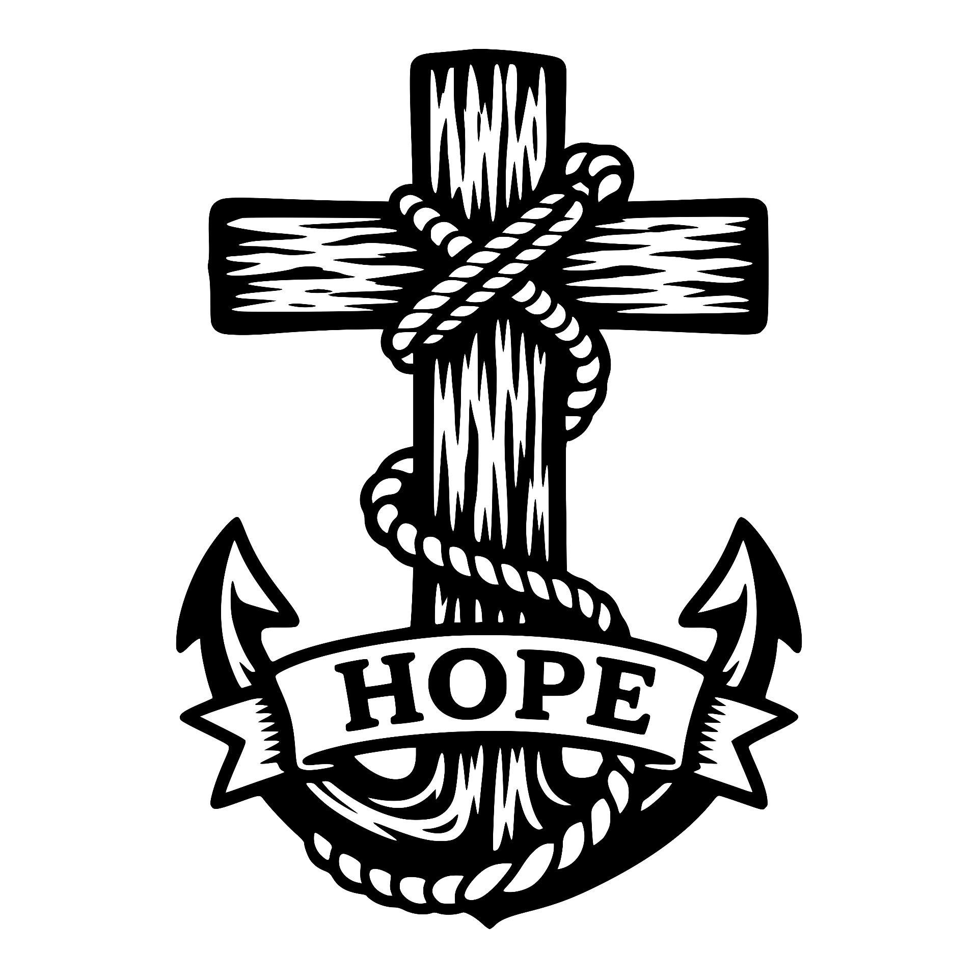 Rope-bound cross with anchor and a Hope banner