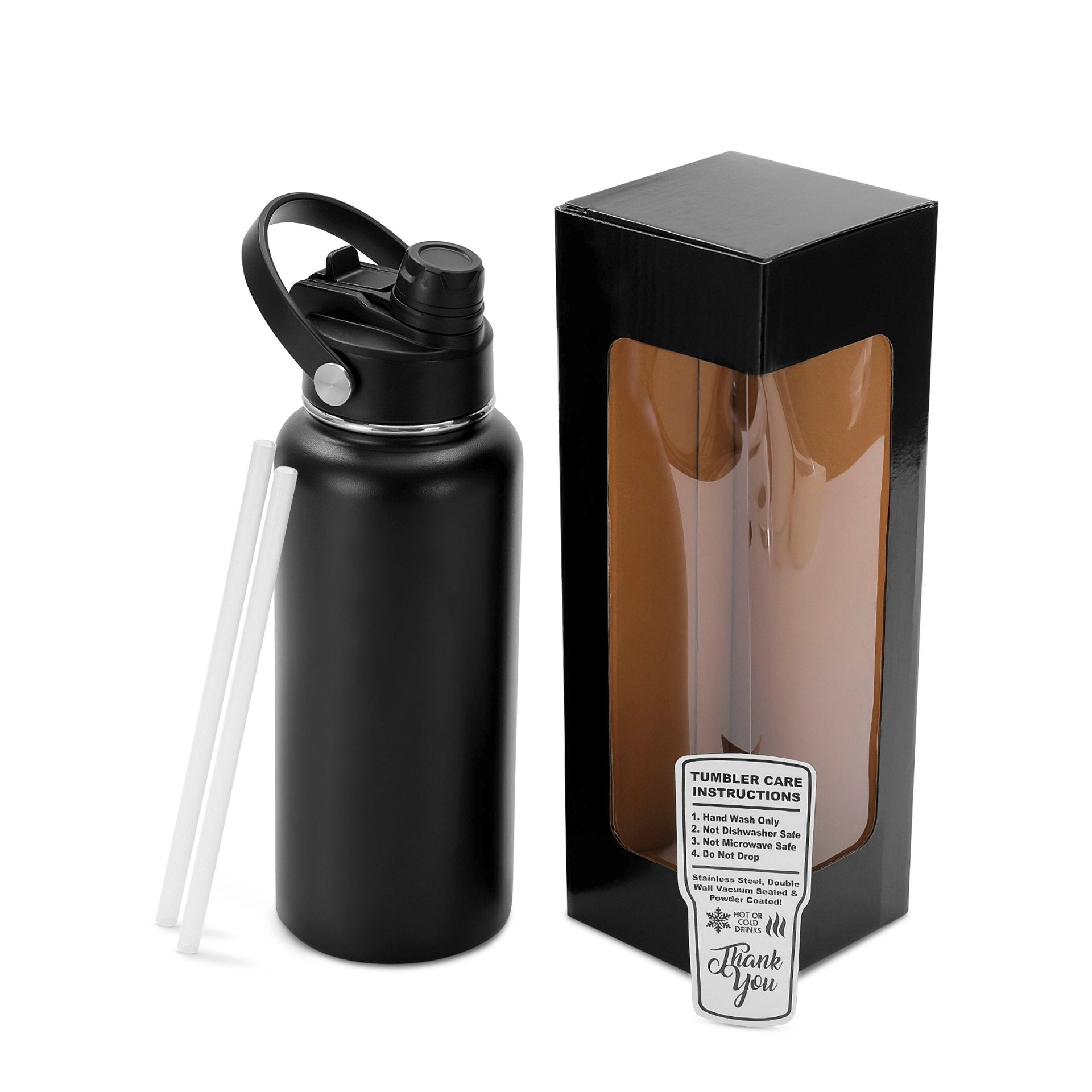 Black 32oz powder coated hydro water bottle with packaging