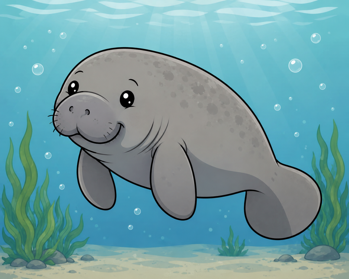 Cartoon manatee swimming underwater with seagrass and bubbles