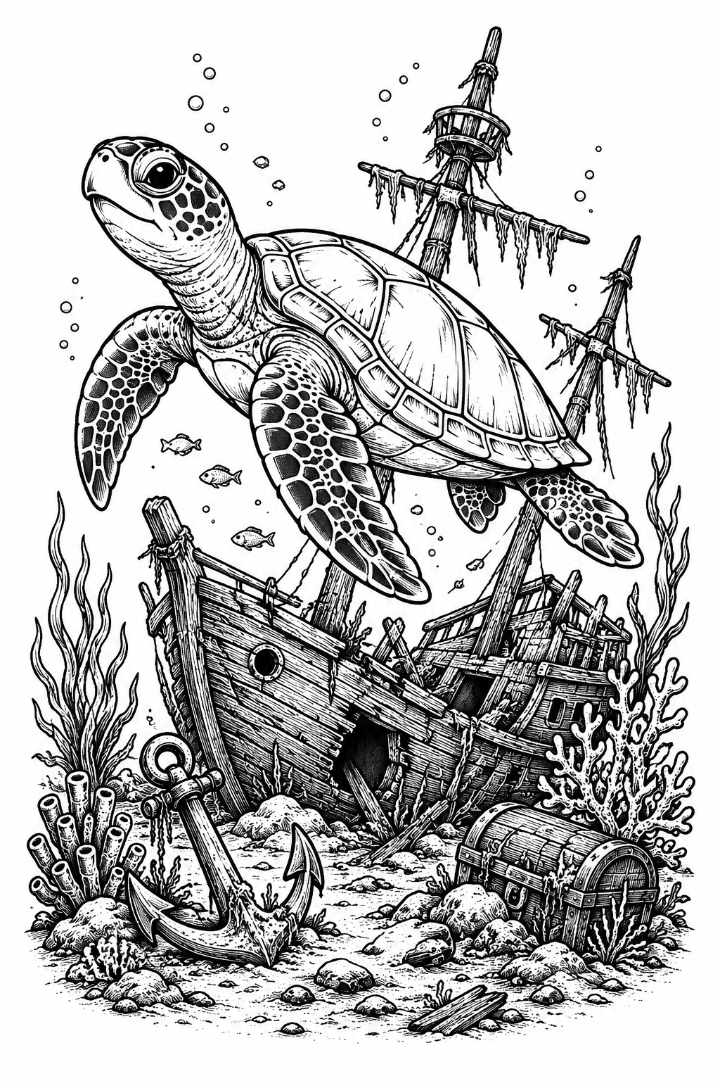 Sea turtle swimming over a sunken pirate shipwreck with anchor and treasure
