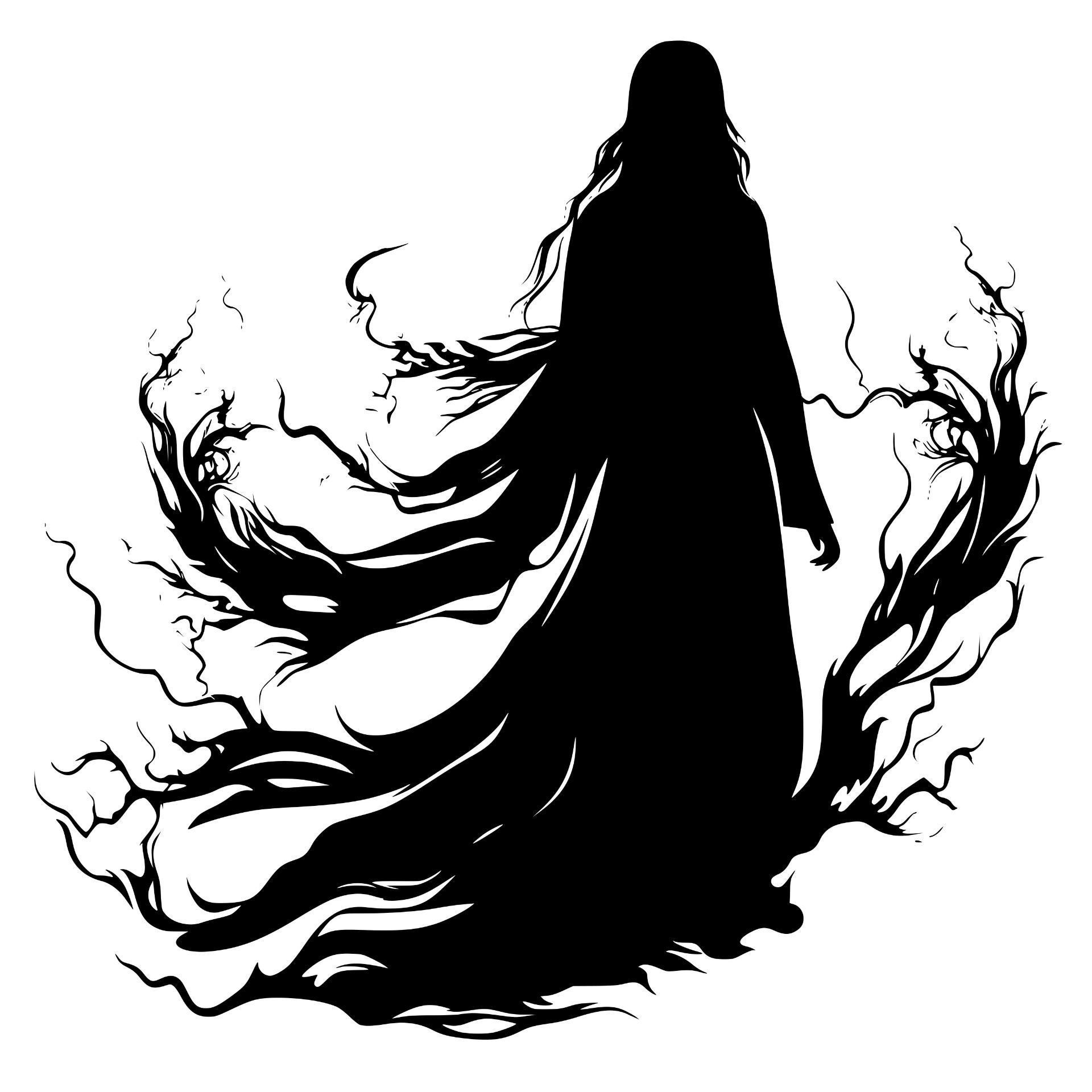 Veiled phantom figure dissolving into smoke