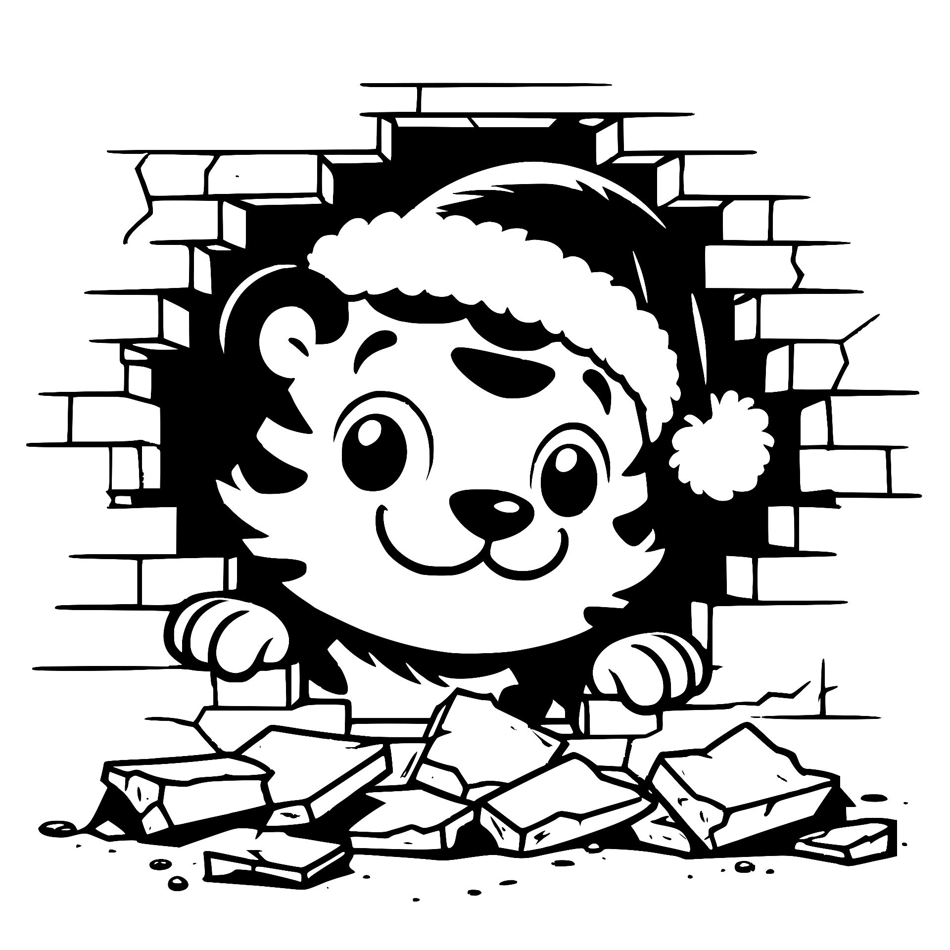 Tiger in a Santa hat breaking through a brick wall