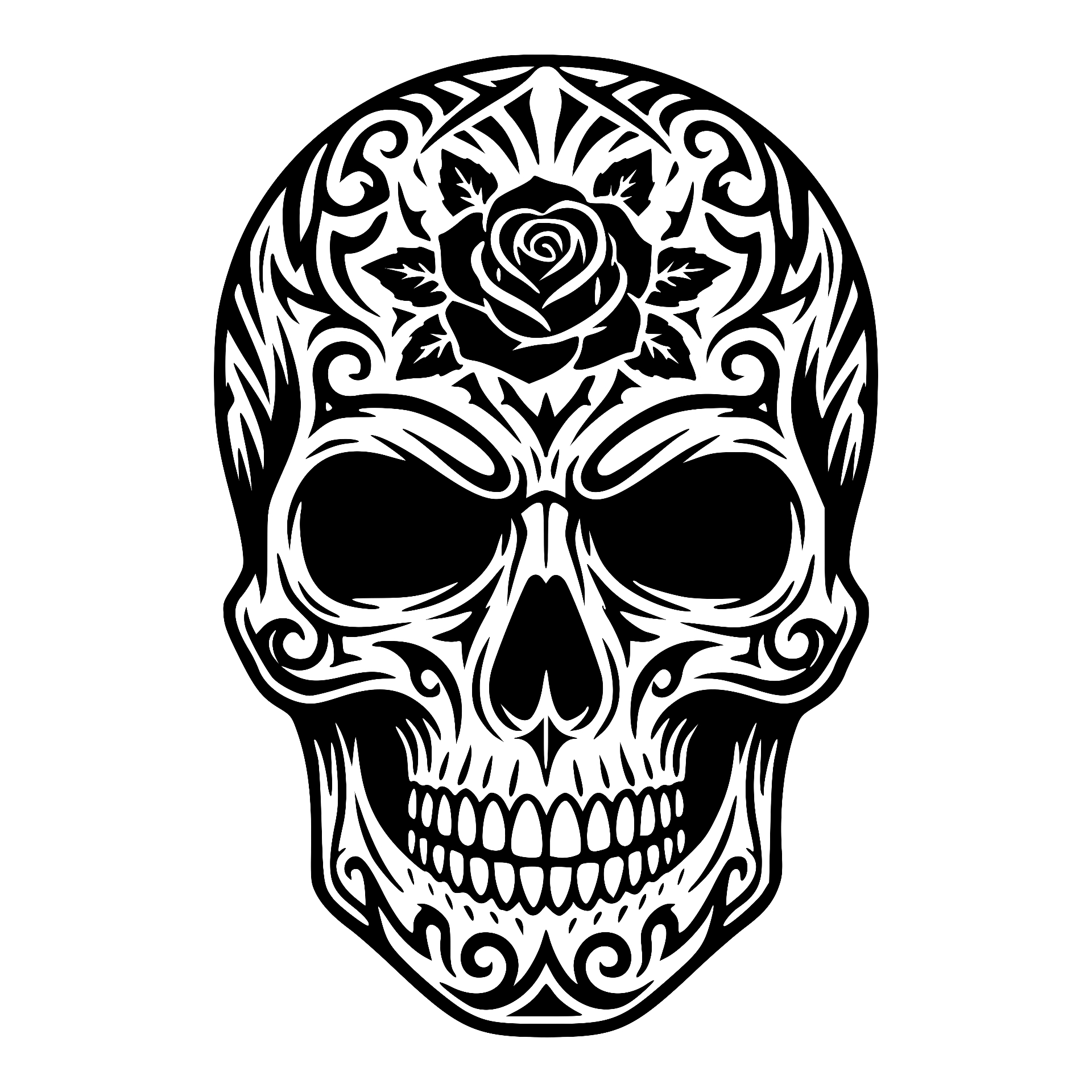 Tribal-style skull with rose and scrollwork