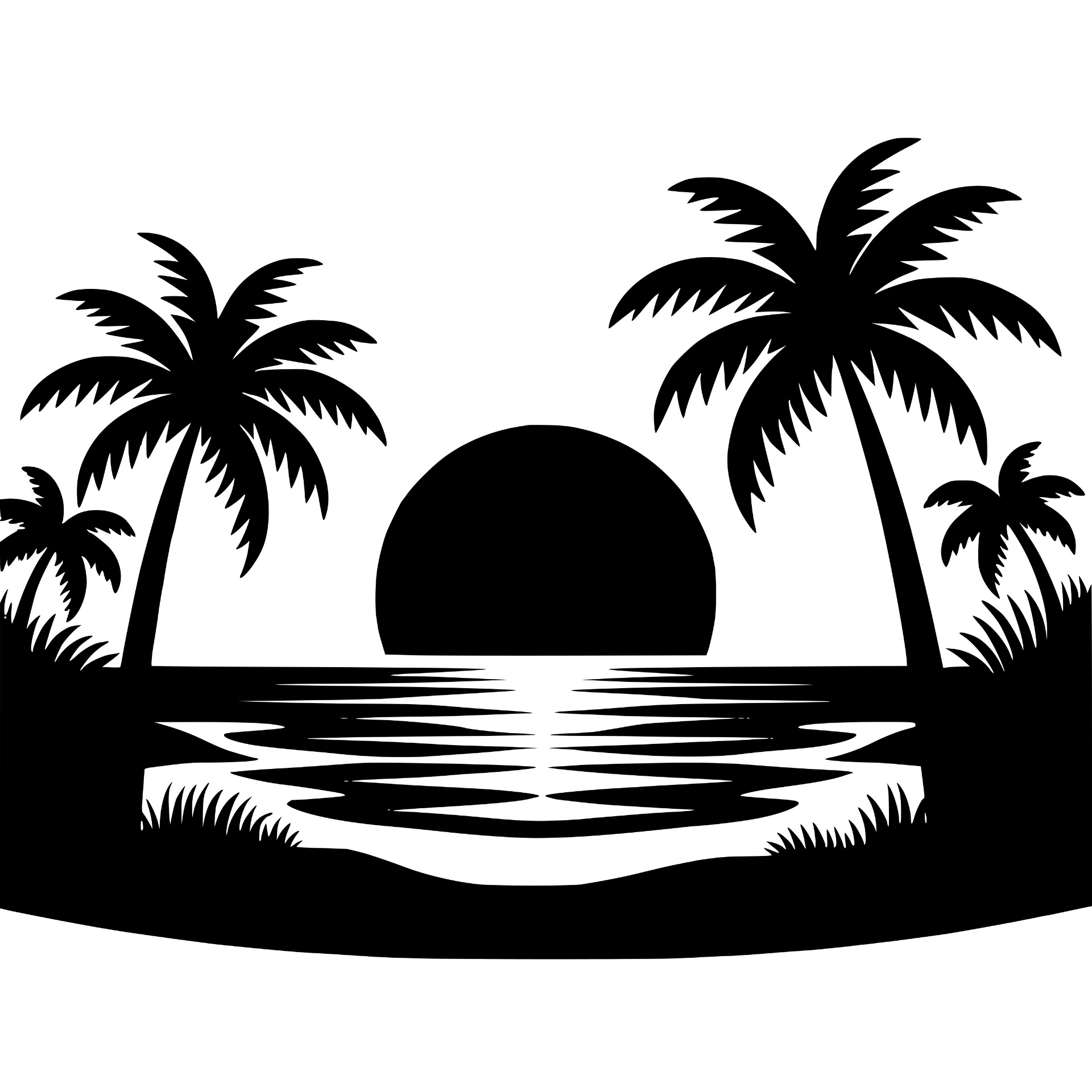 Sunset between palm trees with ocean reflection silhouette