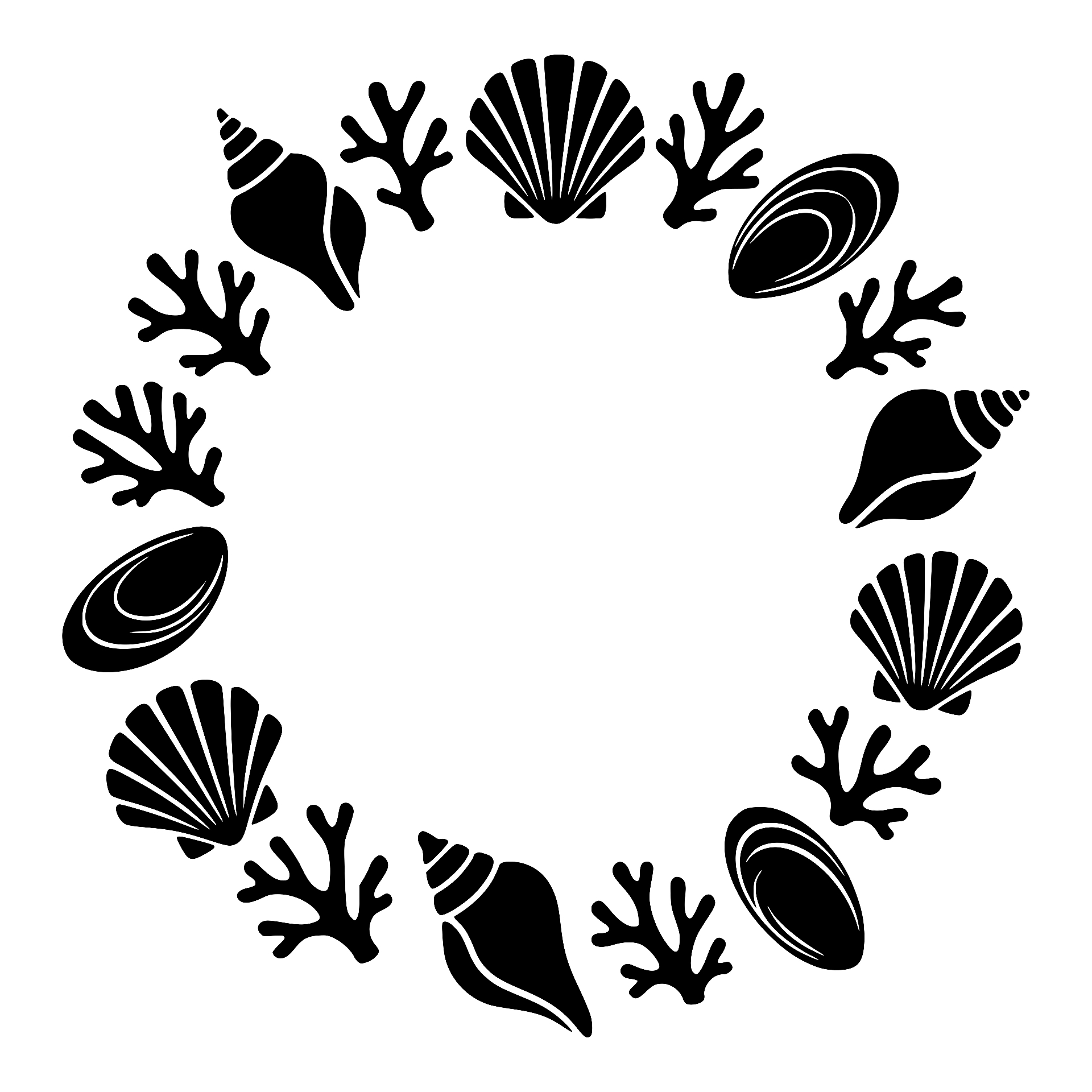 Circular wreath of seashells and coral silhouette