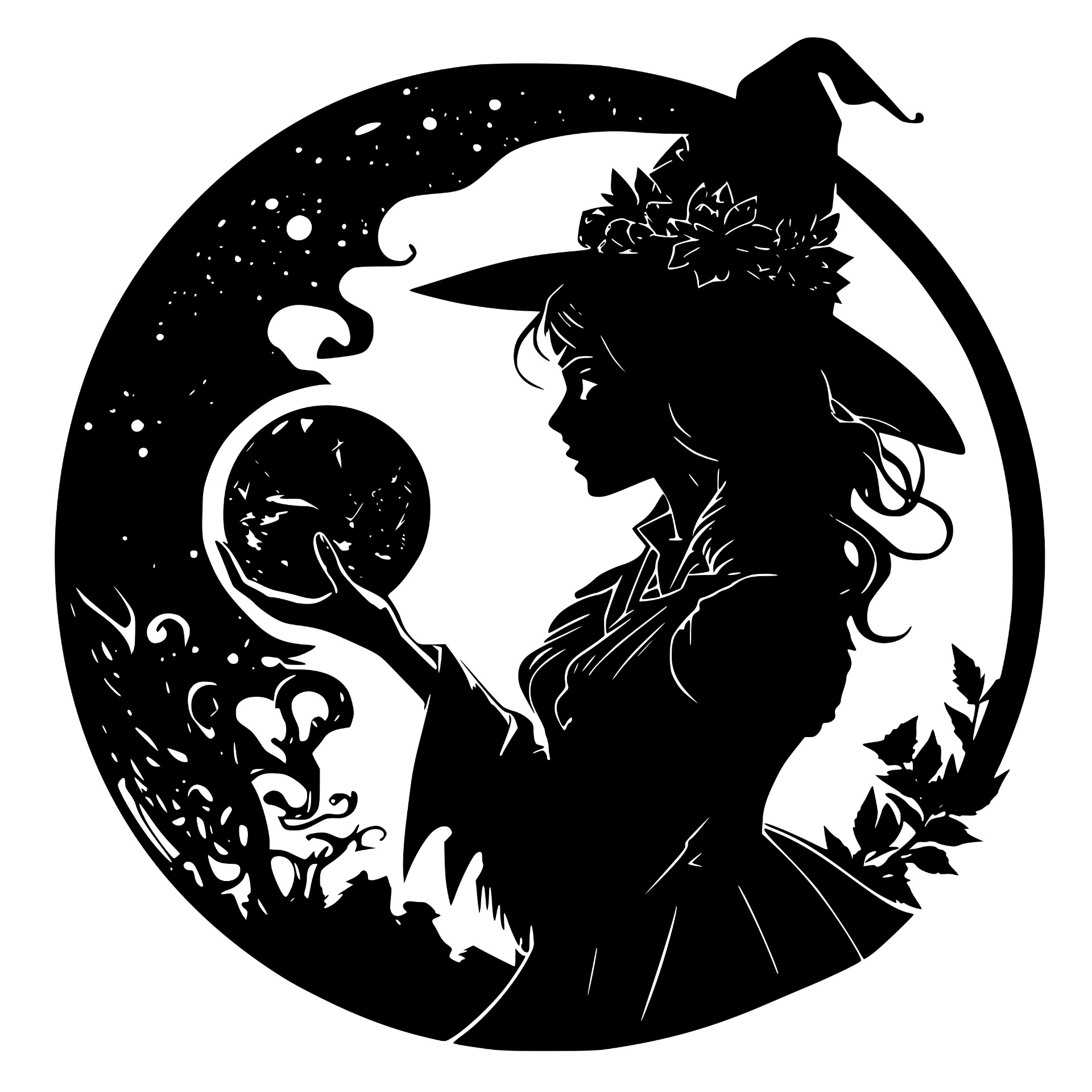 Witch profile with moon inside a circular frame