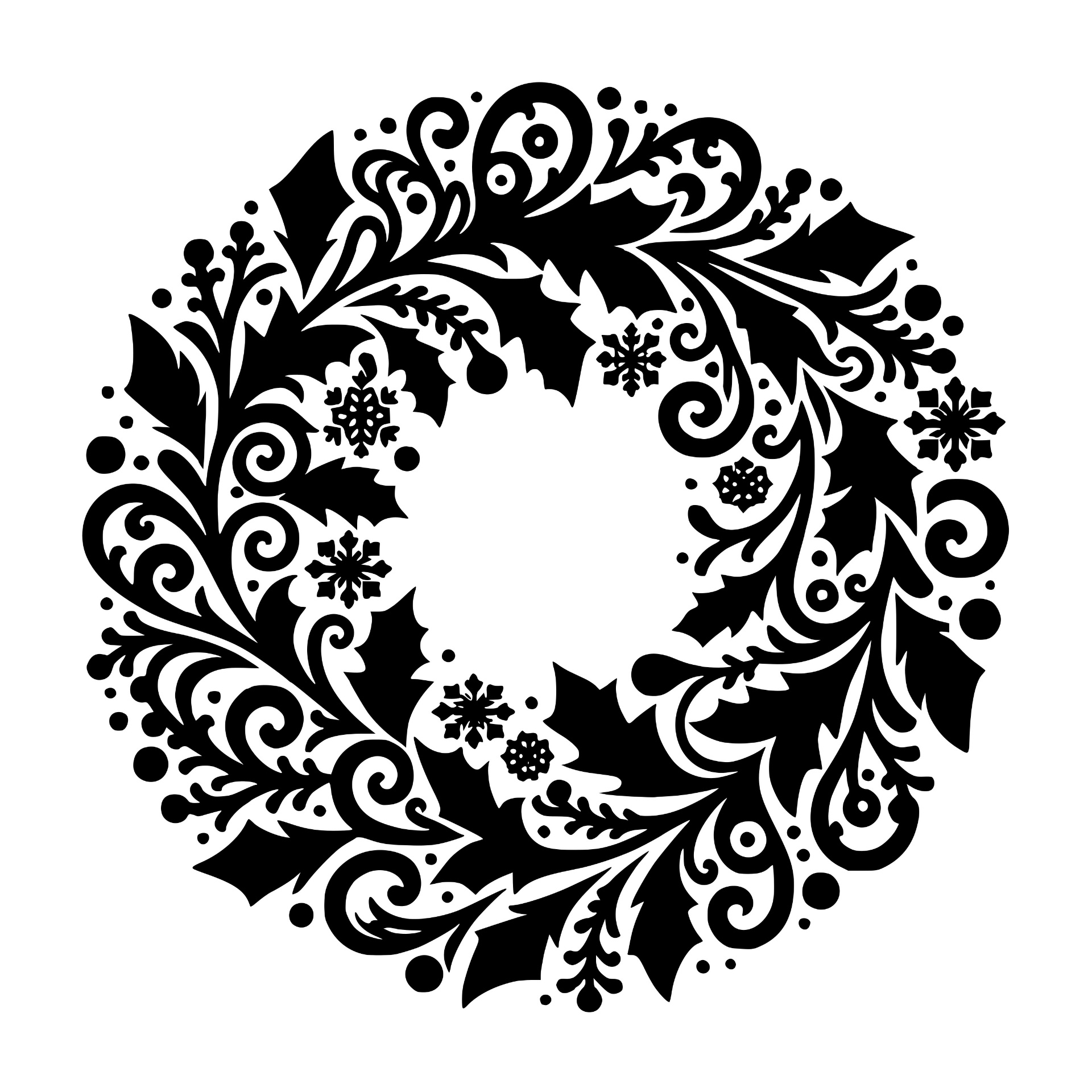 Ornate swirl Christmas wreath with holly and snowflakes