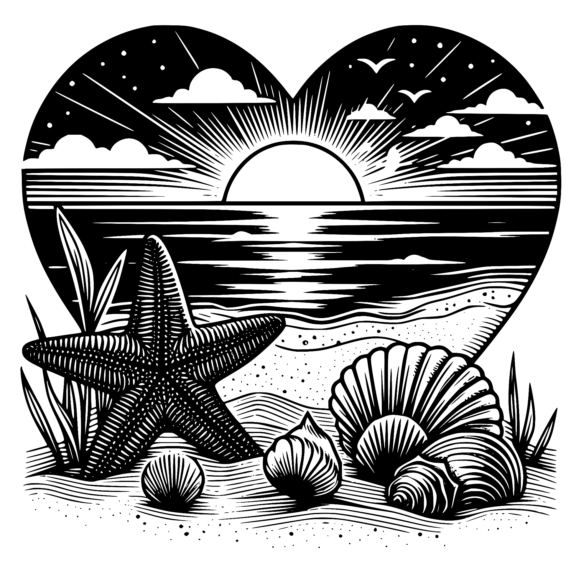 Heart with sunrise, starfish and seashells