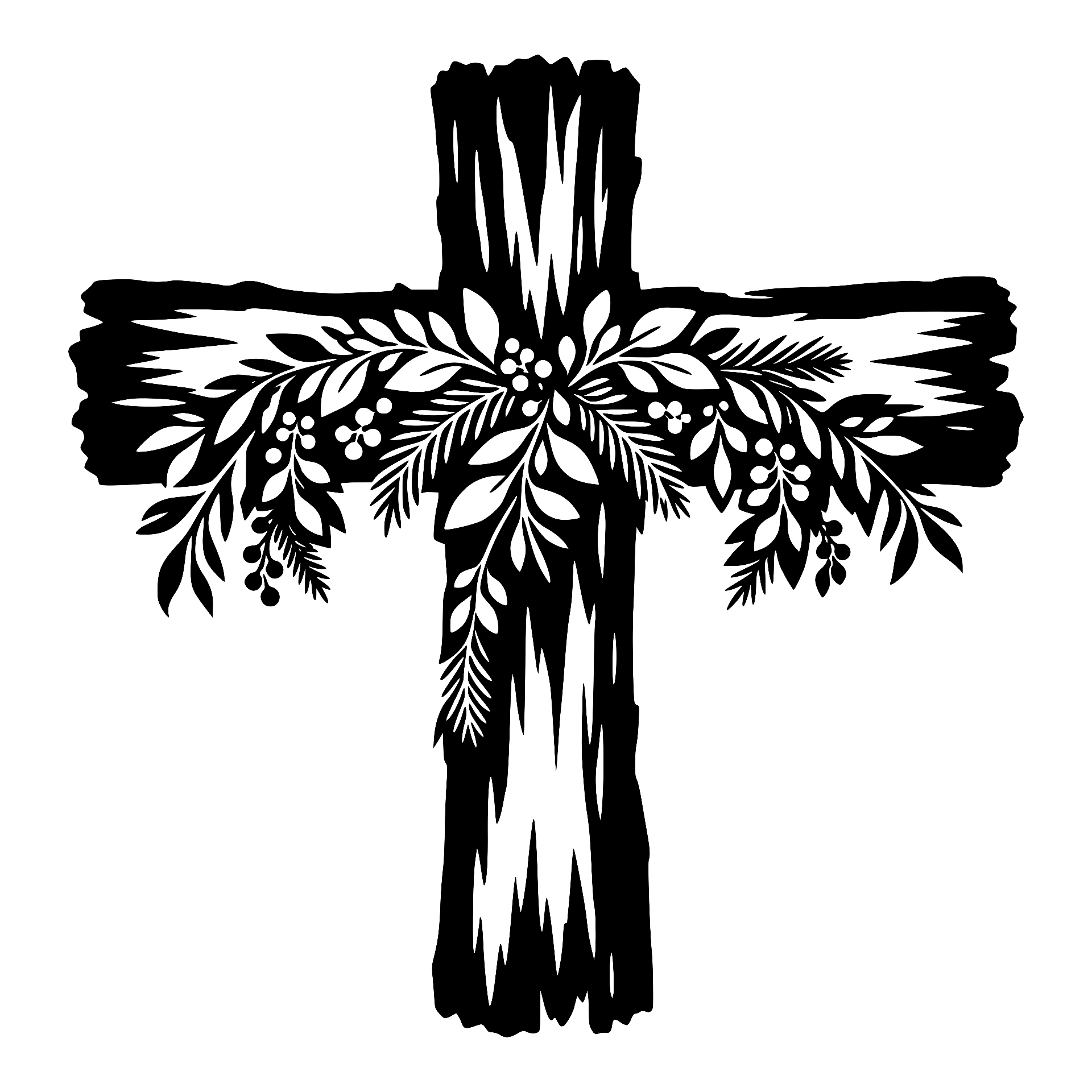 Wooden cross covered in leafy foliage and berries