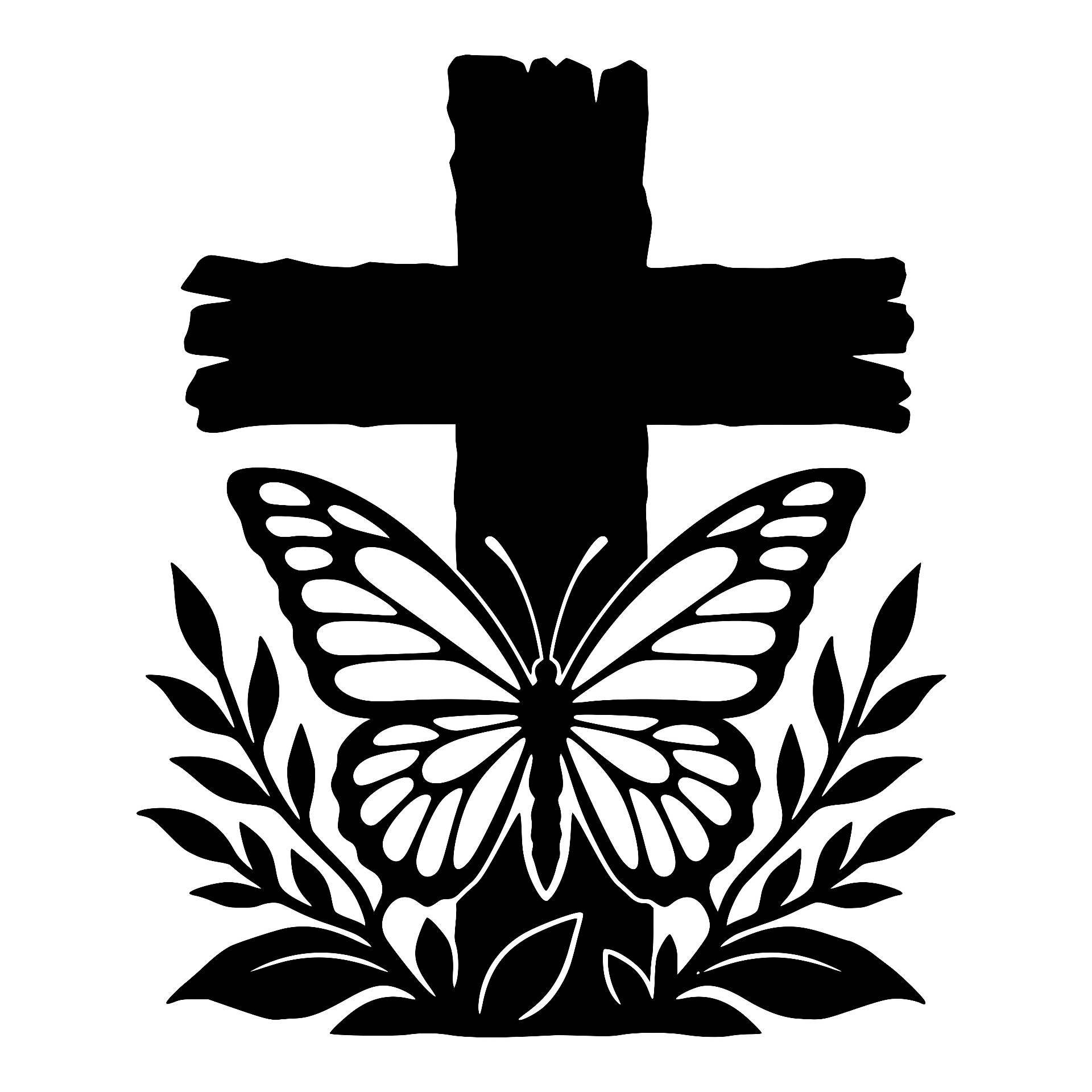 Wooden cross with a butterfly and leafy branches