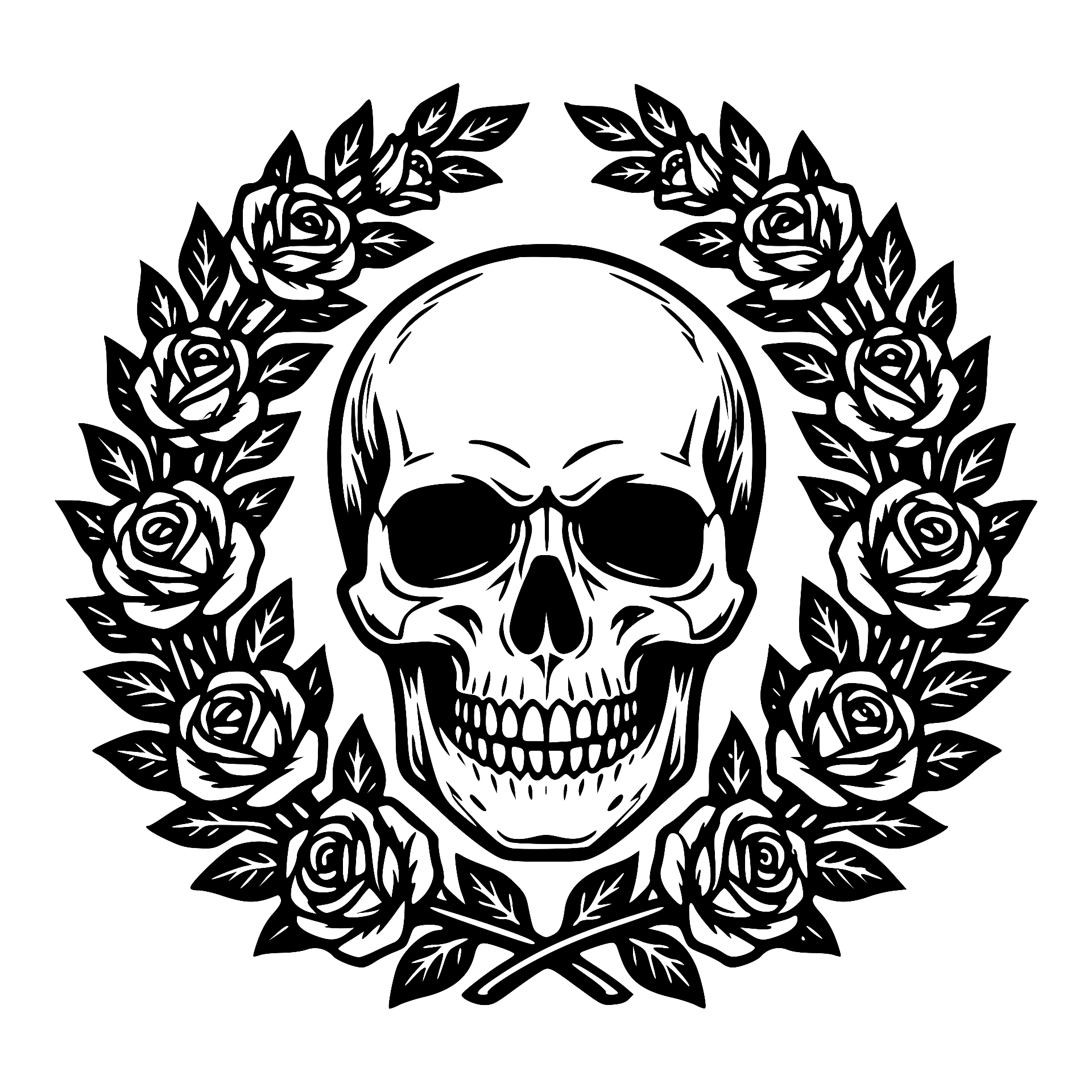 Skull framed by a laurel wreath of roses