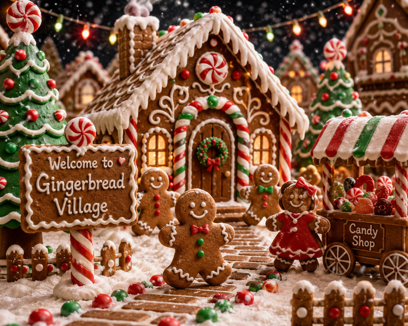 Gingerbread village scene with gingerbread house and characters