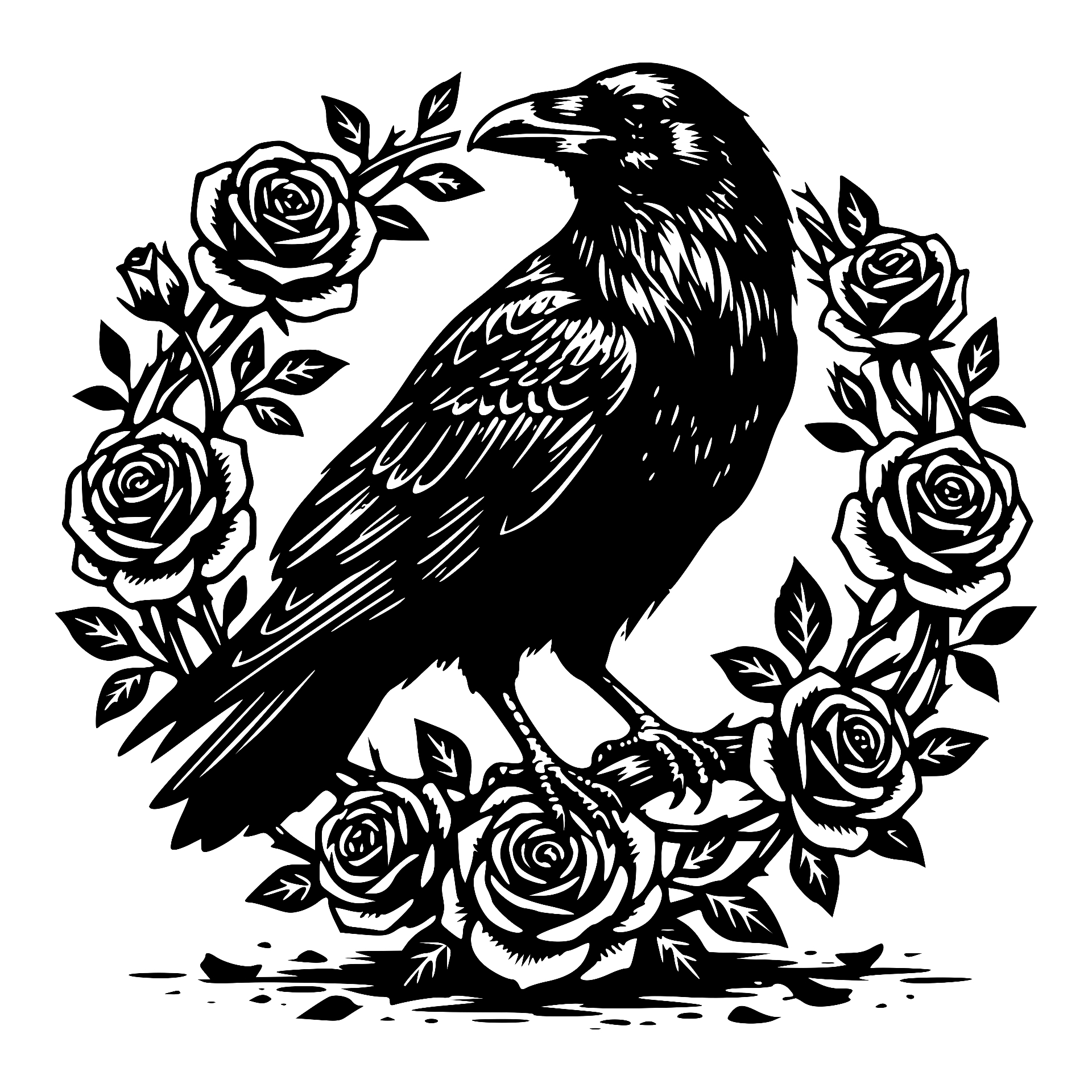 Raven perched within a wreath of roses