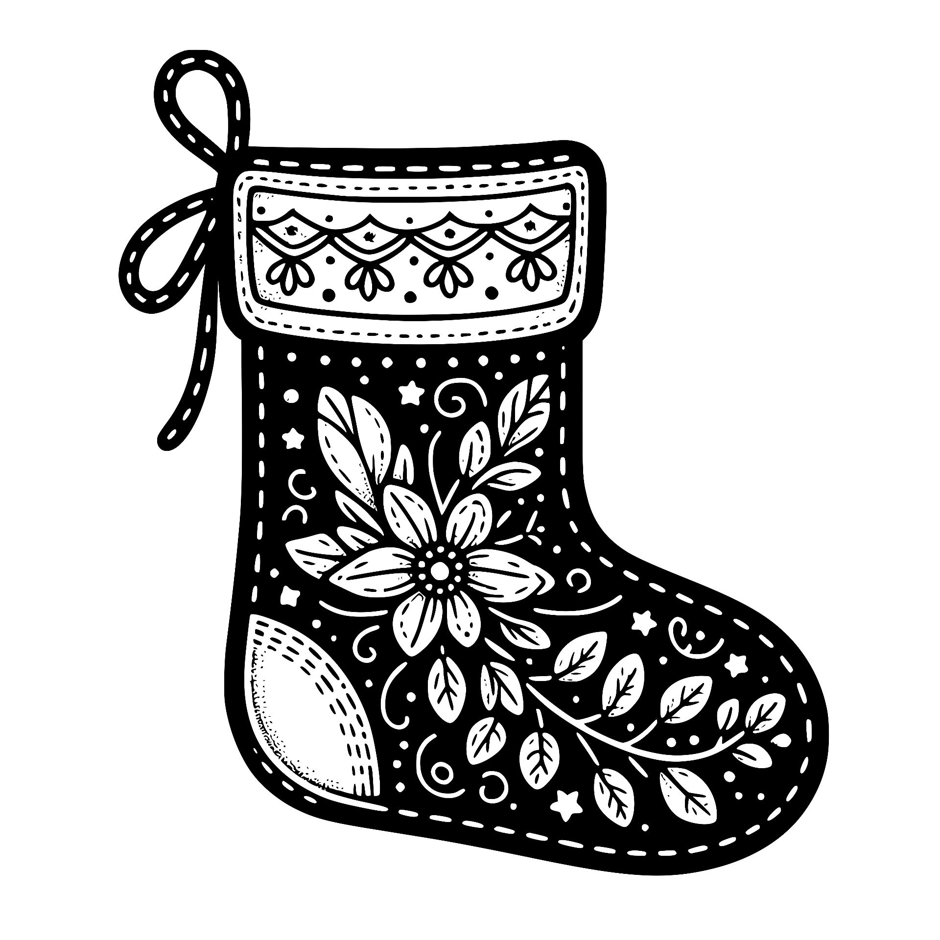 Decorative Christmas stocking with floral and leaf patterns