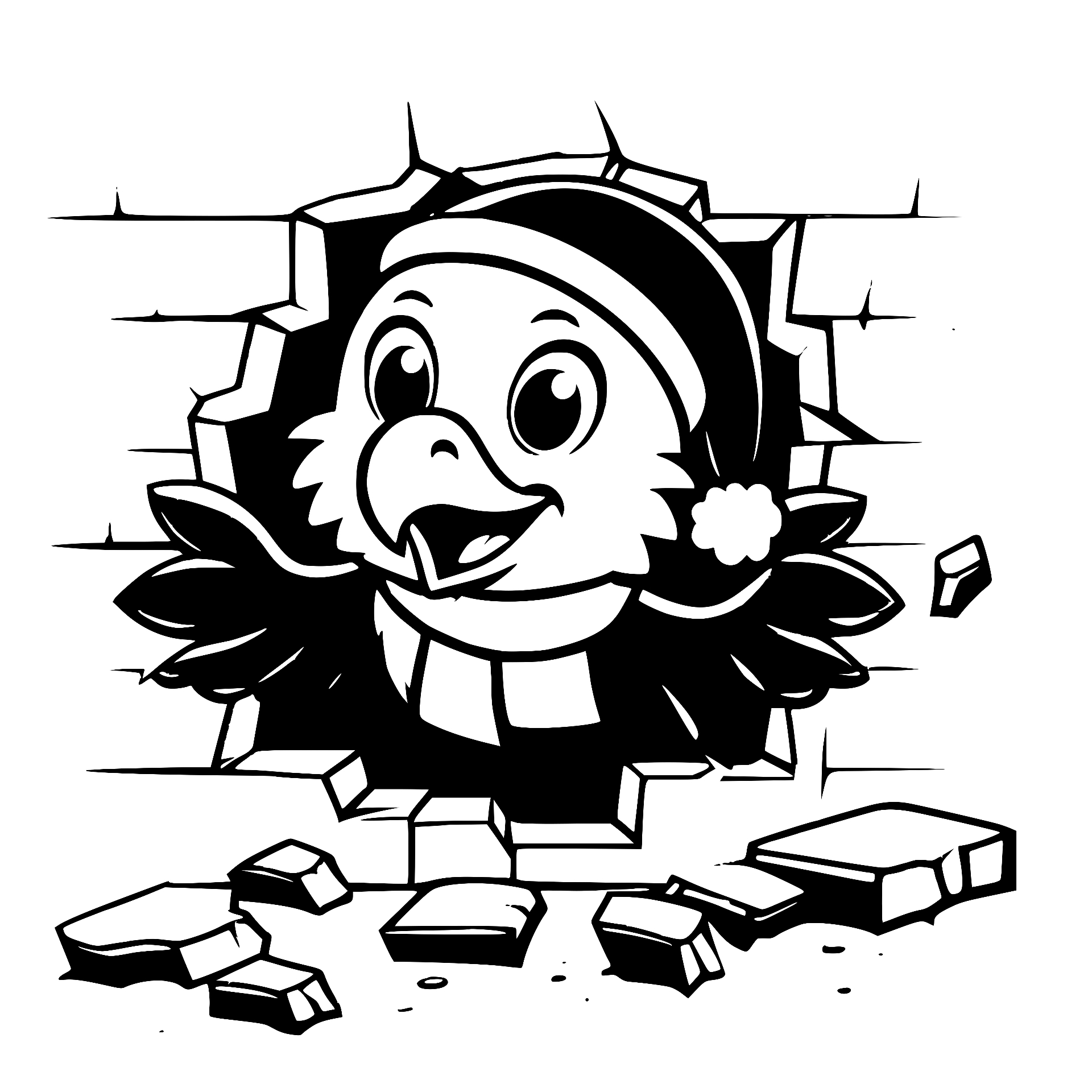 Eagle in a Santa hat breaking through a brick wall