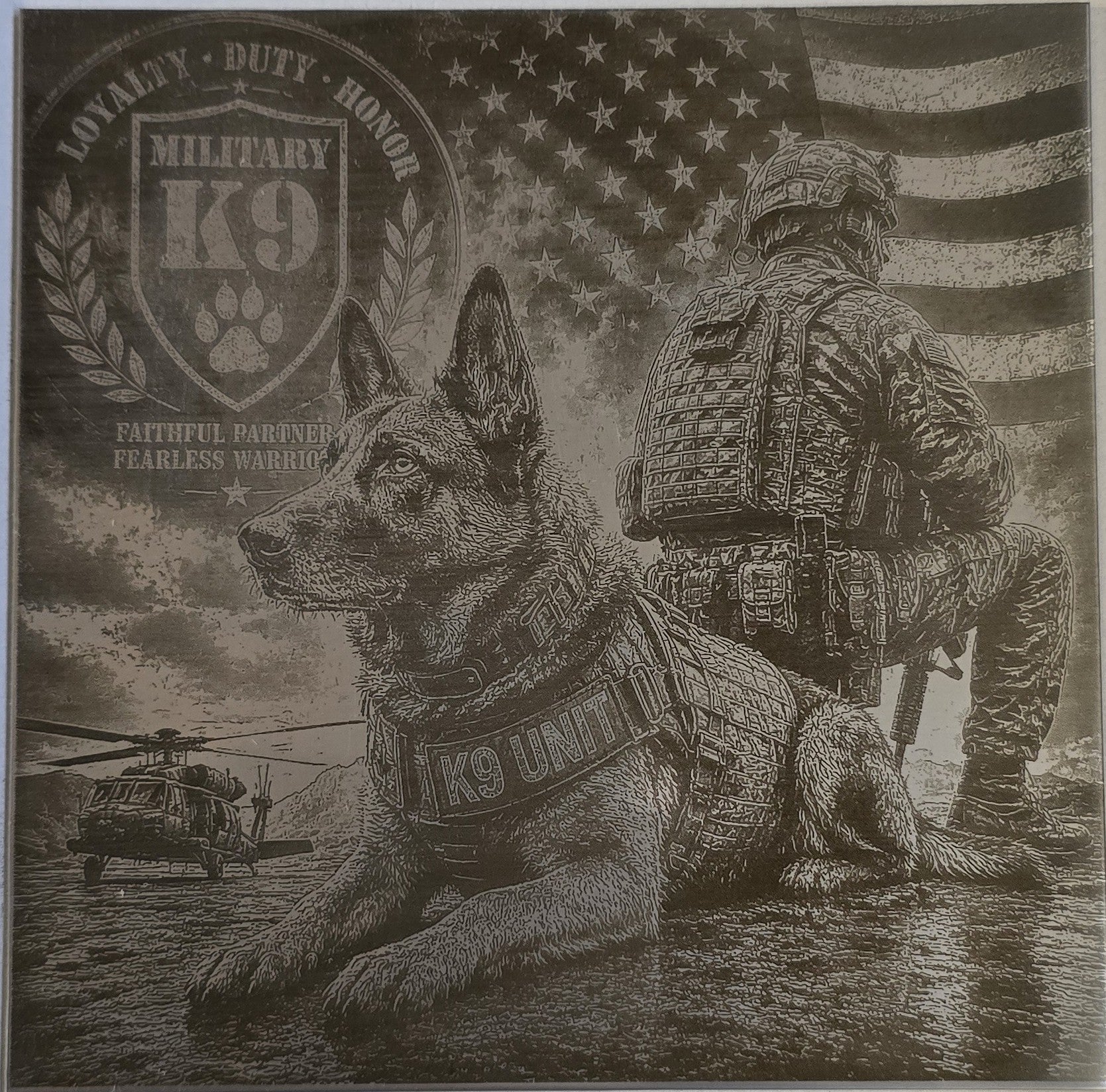Military K9 etched stainless steel plate