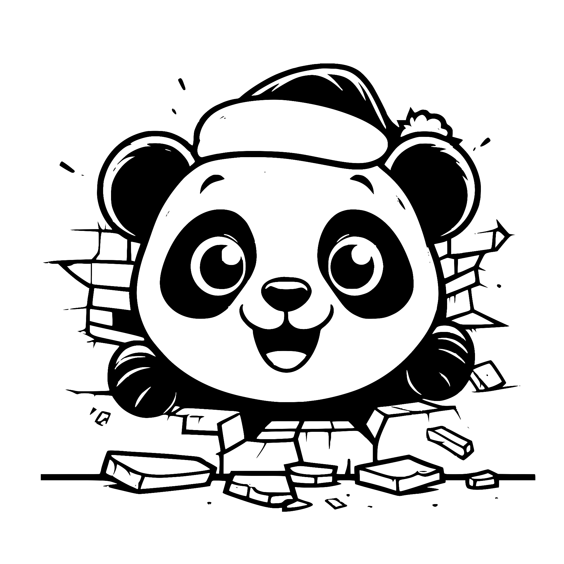 Panda in a Santa hat breaking through a brick wall