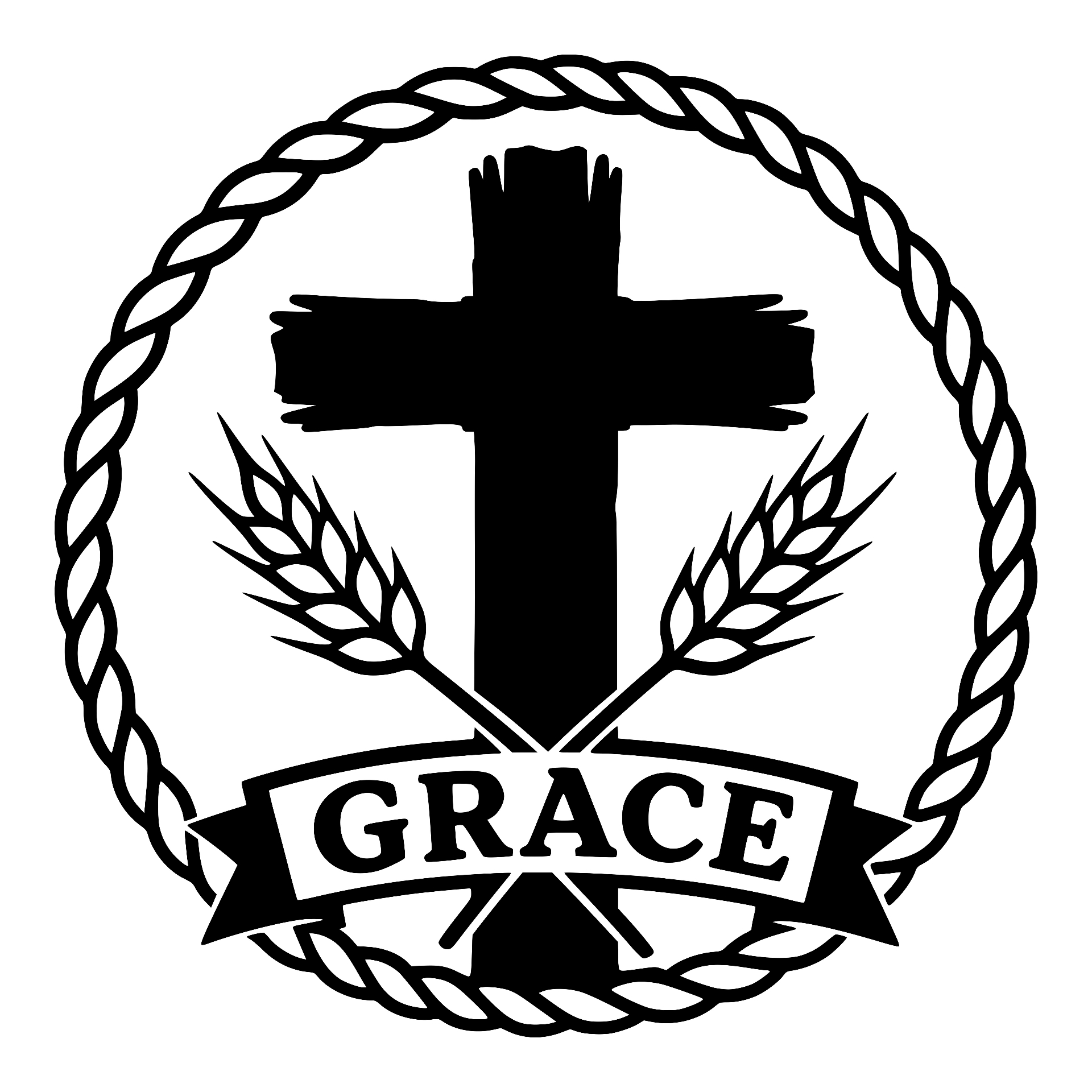 Cross with crossed wheat and a Grace banner in a rope circle