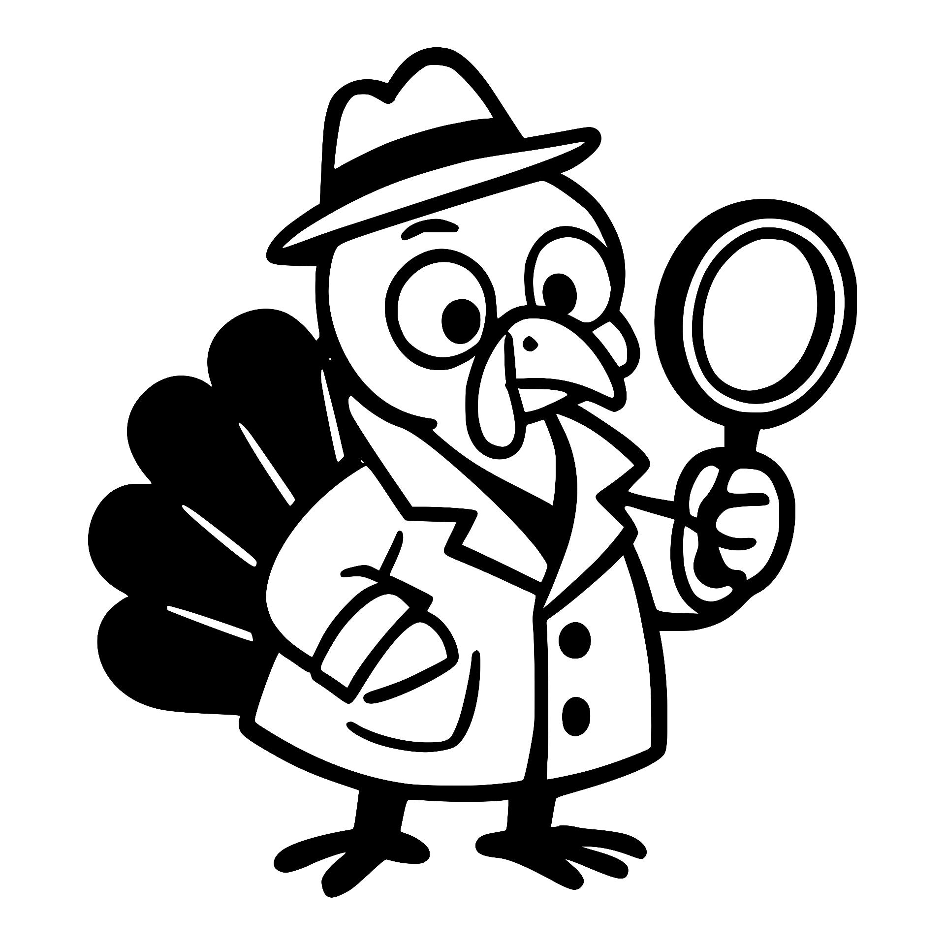 Detective turkey in a fedora with a magnifying glass