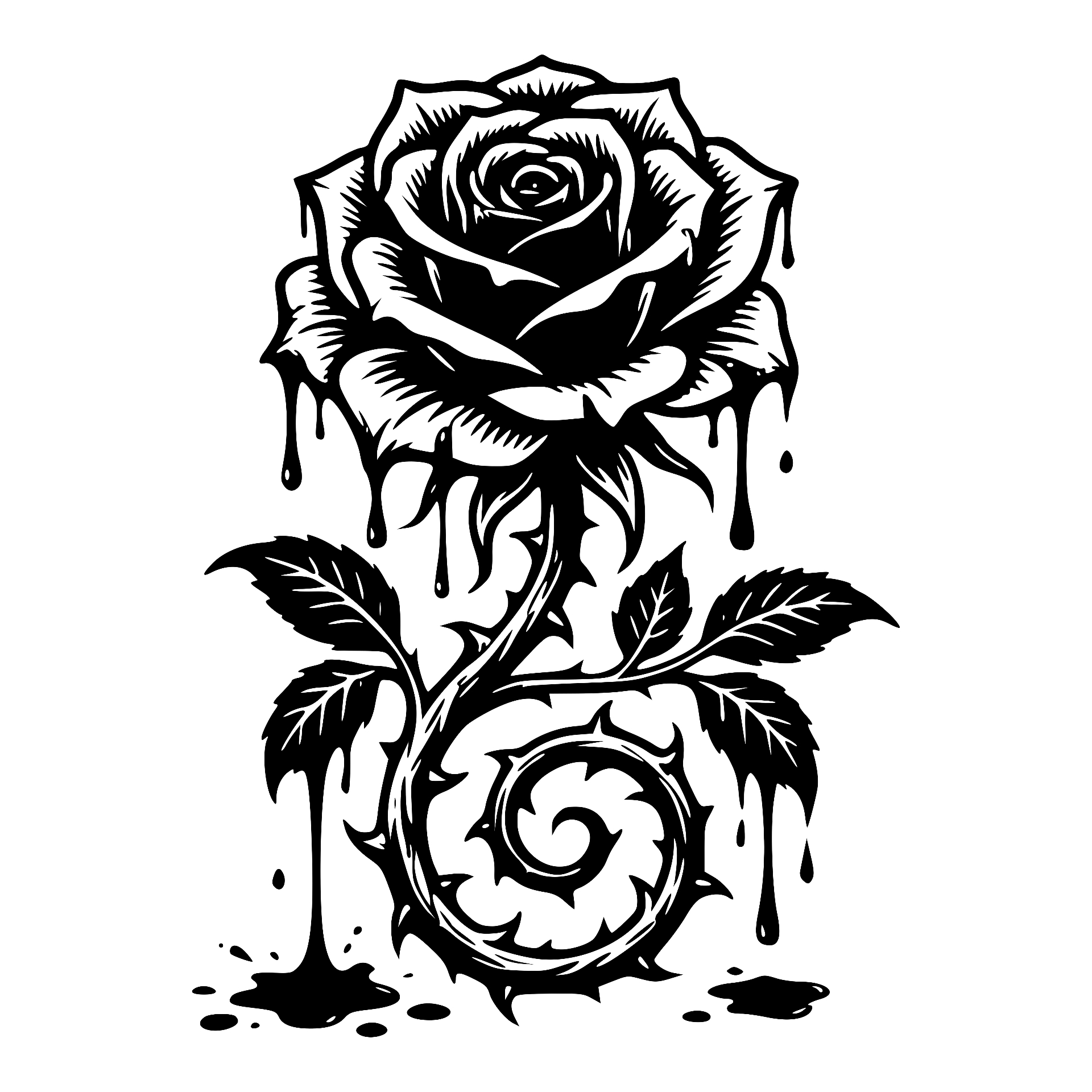 Black rose with dripping thorny stem