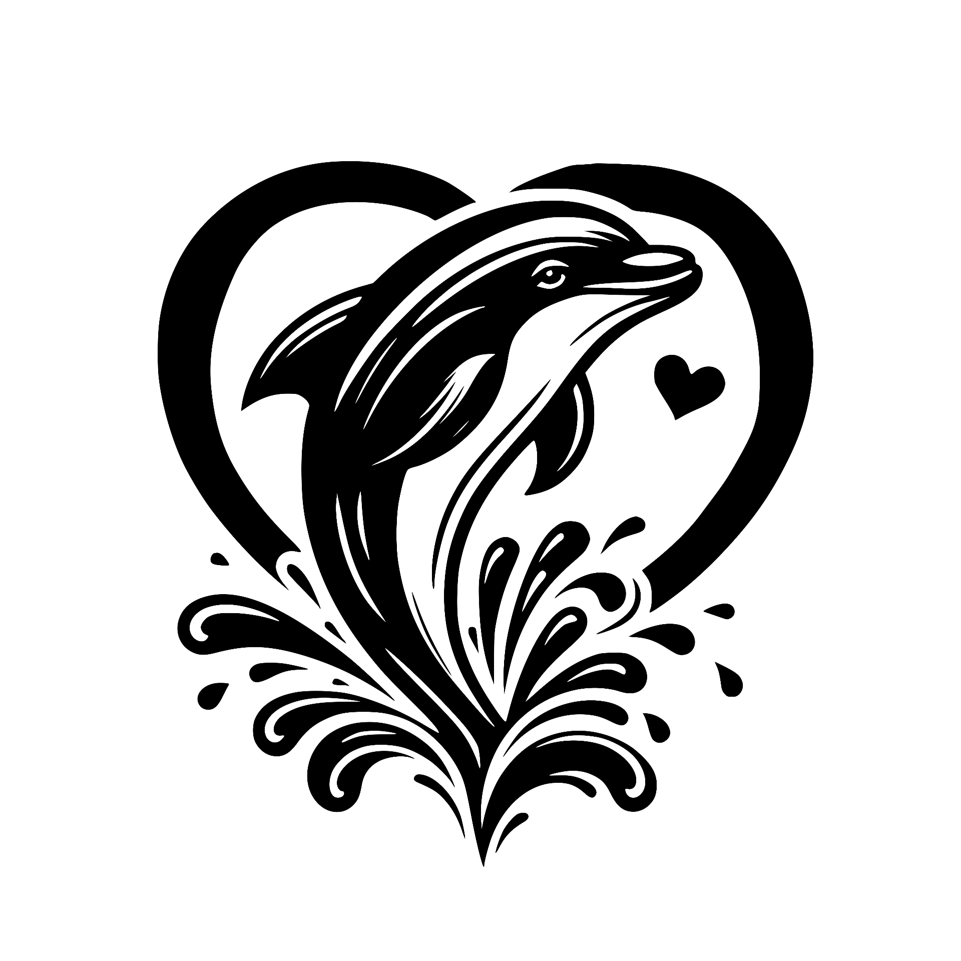 Dolphin jumping through a heart with water splash