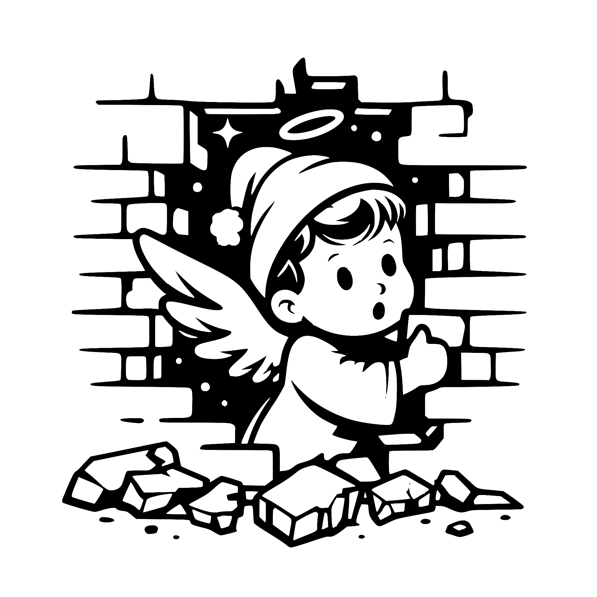 Christmas angel in Santa hat breaking through a brick wall