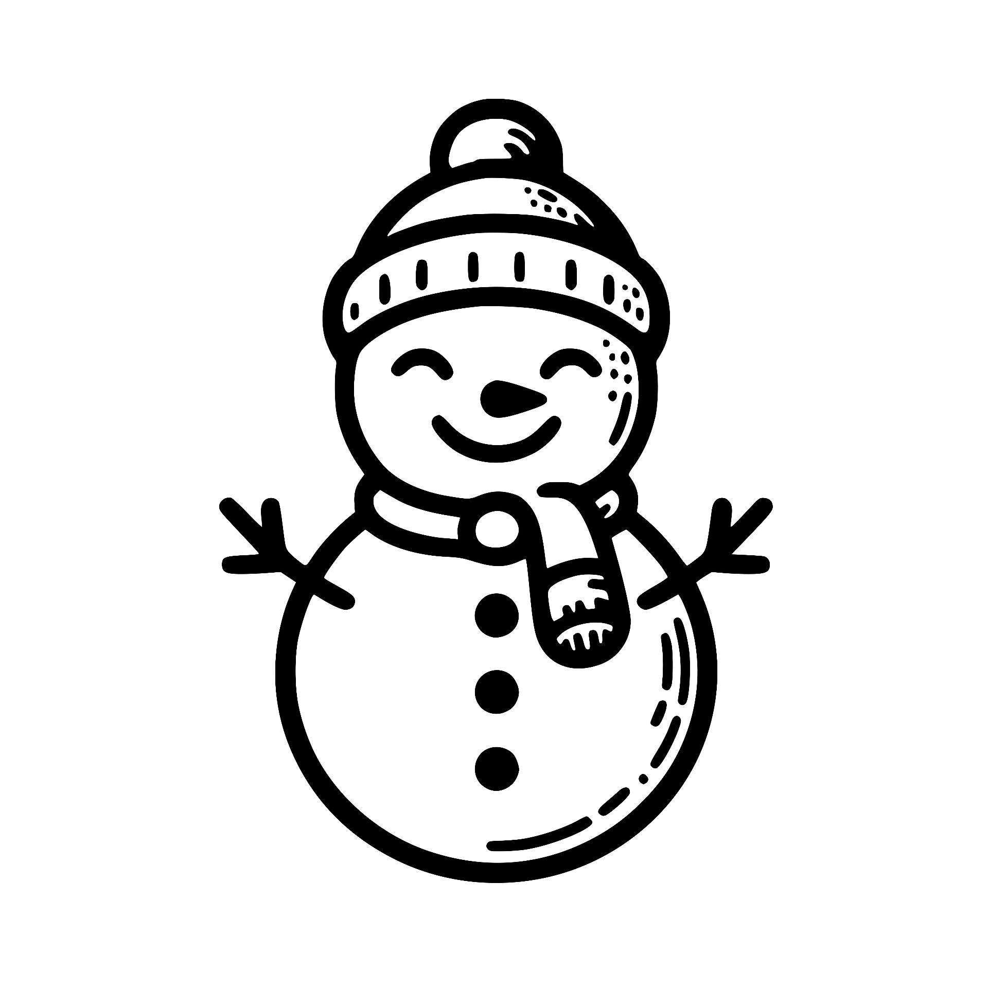 Smiling snowman wearing a winter beanie and scarf