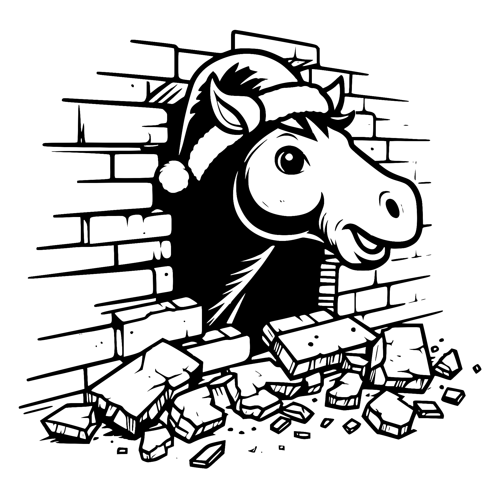 Horse in a Santa hat breaking through a brick wall