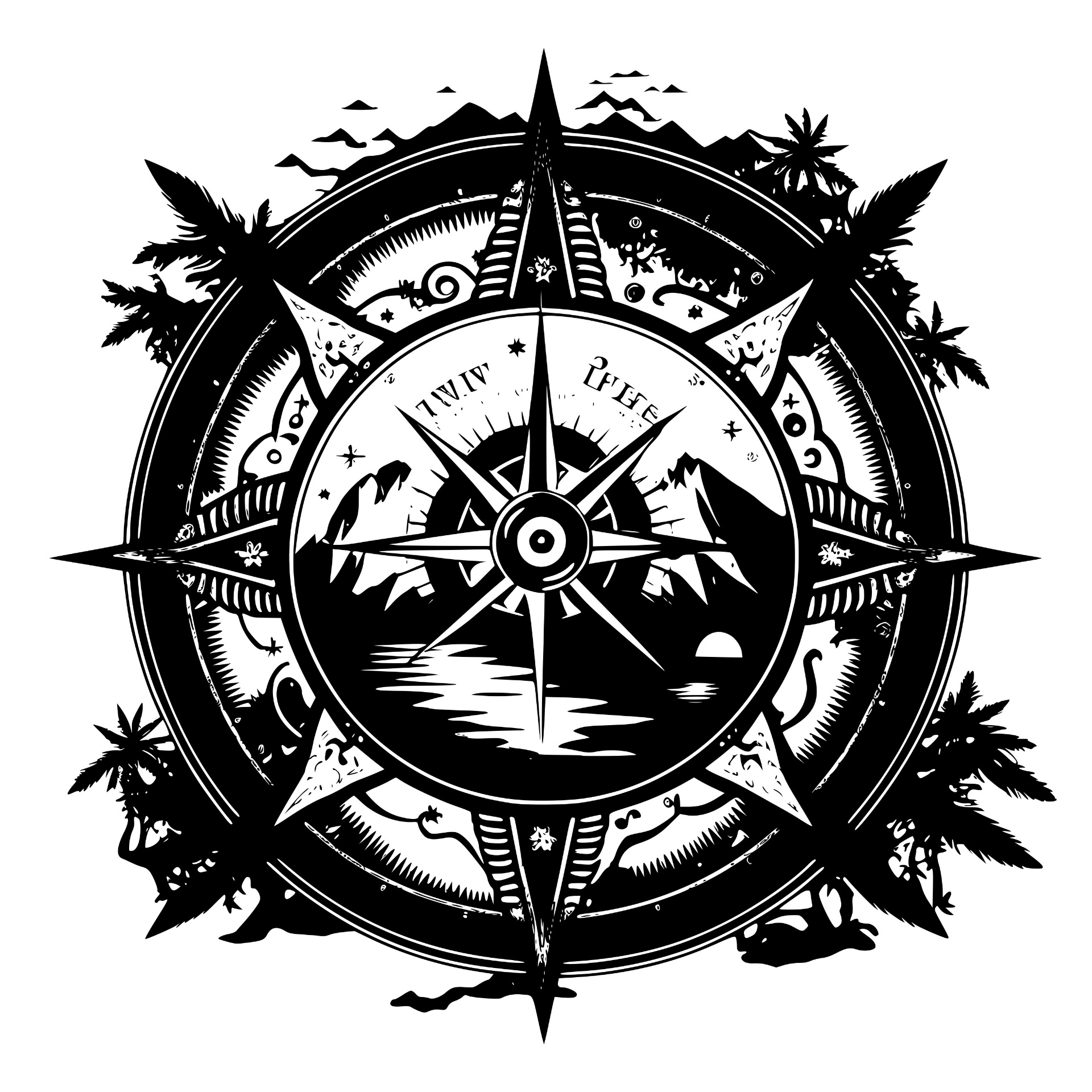 Pirate compass rose with tropical palms and mountains