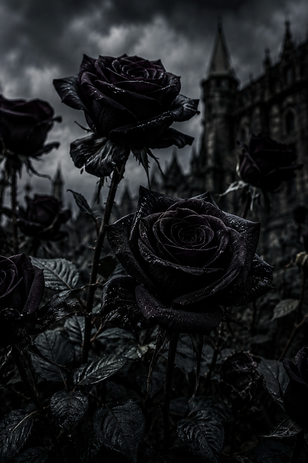Black roses in a stormy garden with a gothic castle backdrop