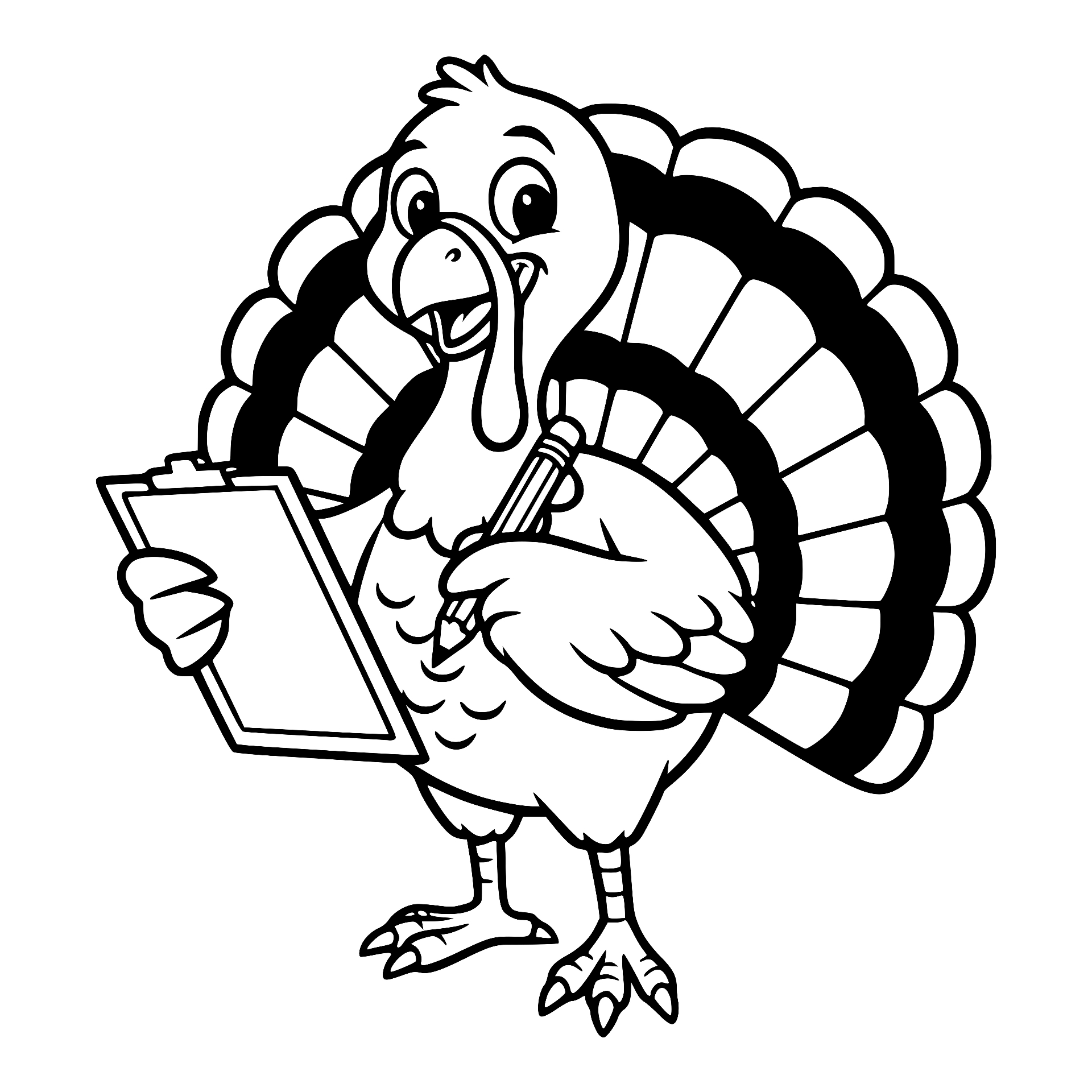 Turkey taking notes on a clipboard with a pencil