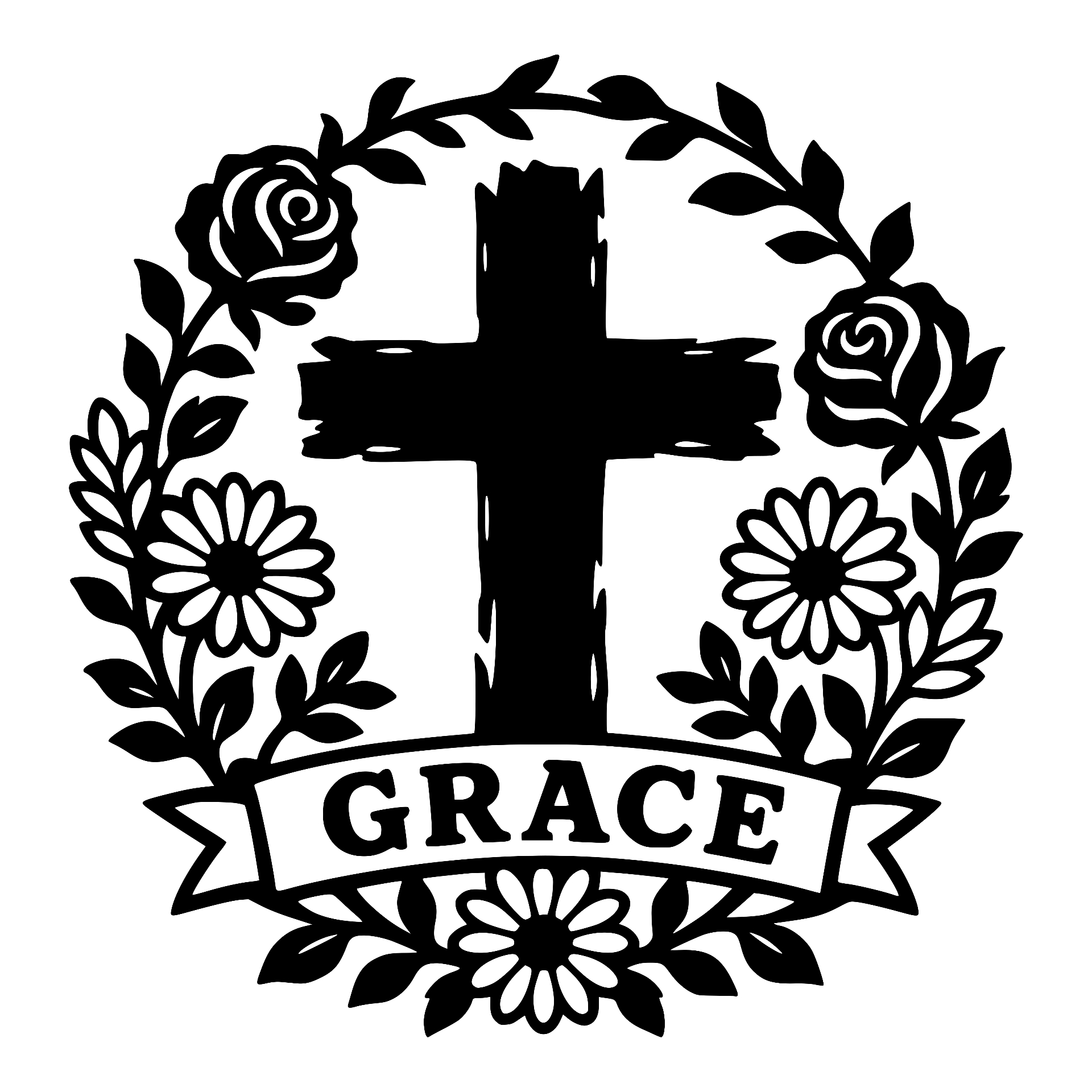 Cross in a floral wreath with Grace banner