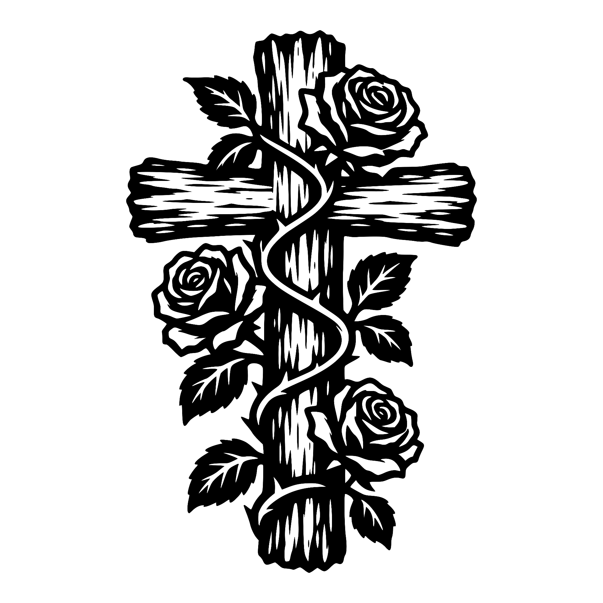 Wooden cross entwined with a rose vine