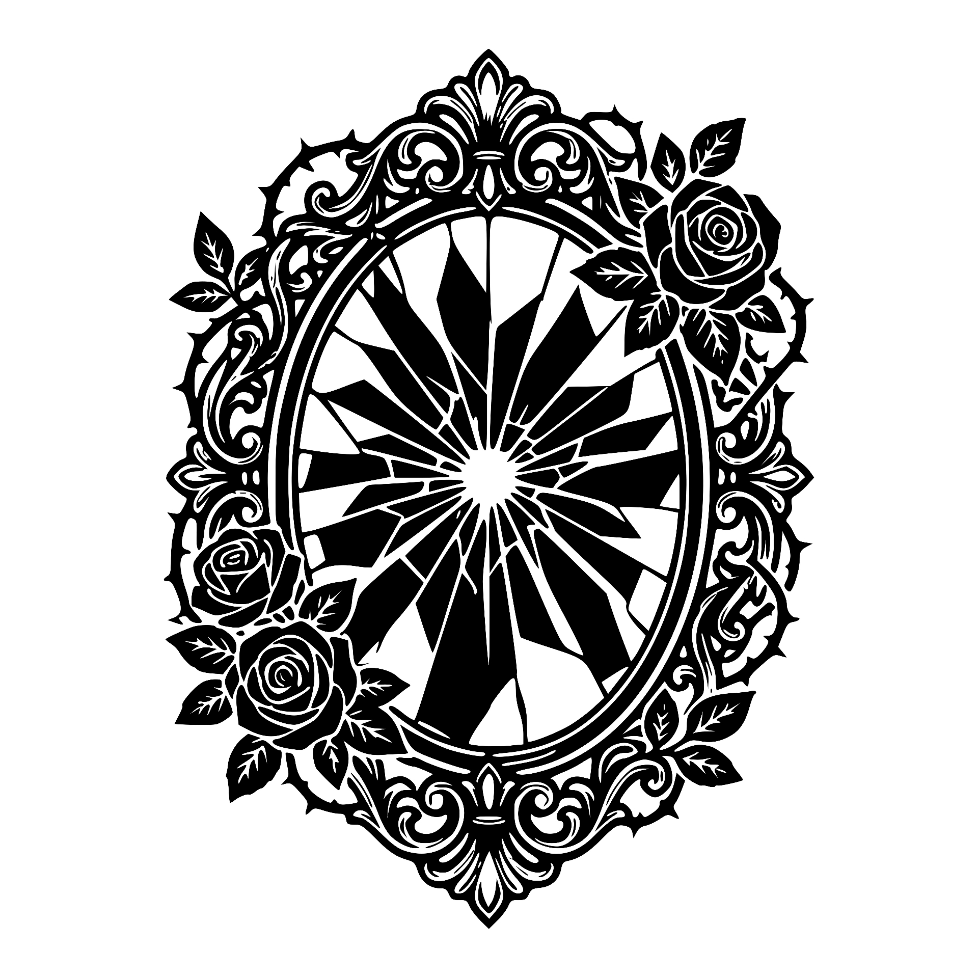 Shattered ornate mirror framed with roses and thorns