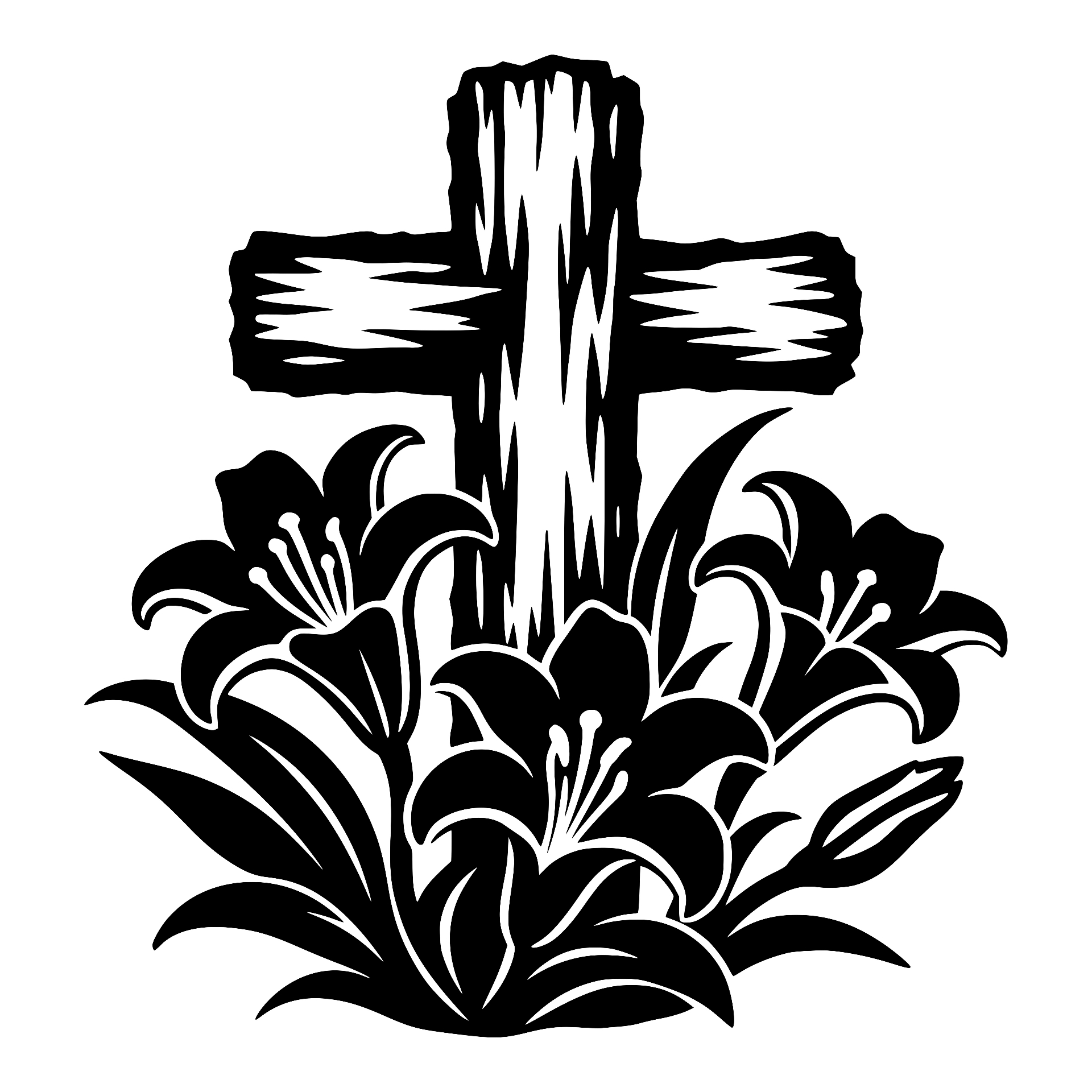 Wooden cross surrounded by lilies