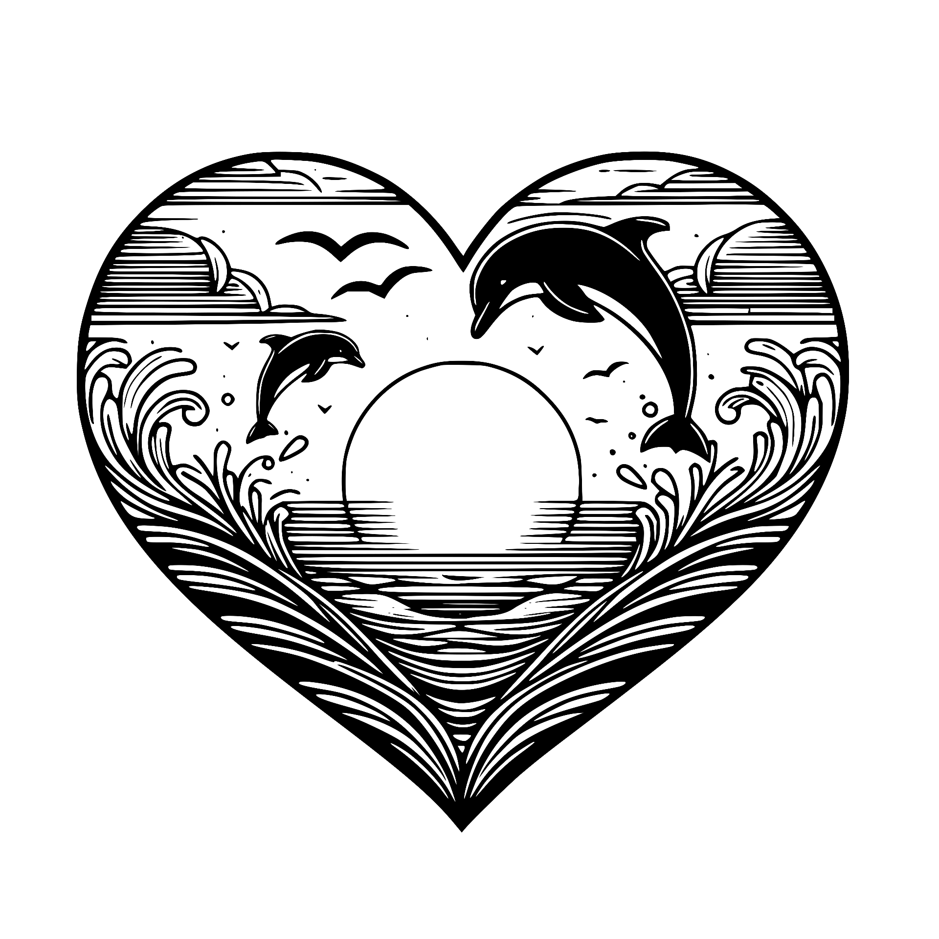 Heart with leaping dolphins over a sunset
