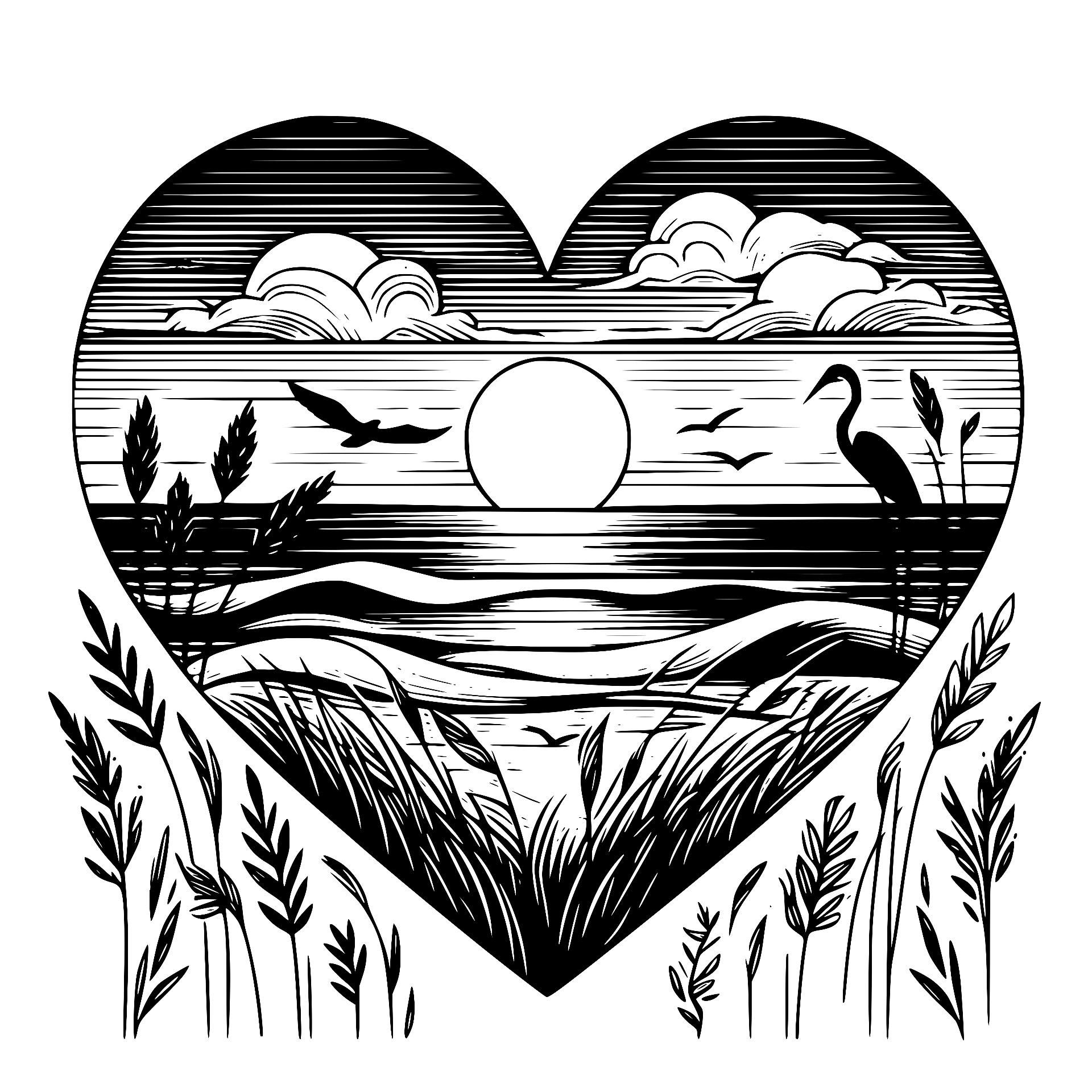 Heart with heron and sunset over the water