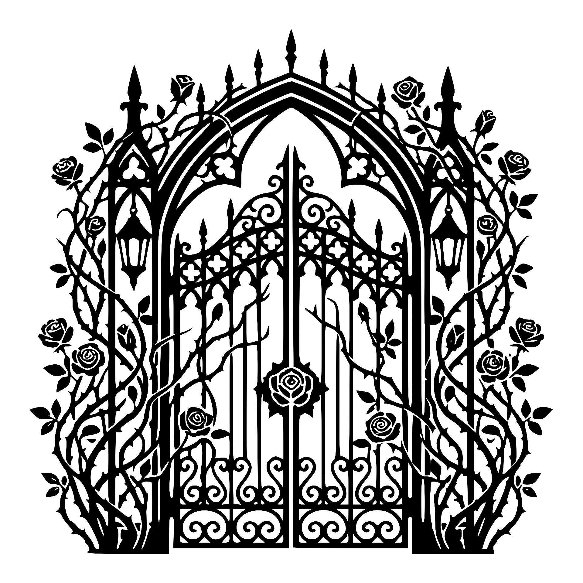 Ornate iron gate entwined with roses and thorns