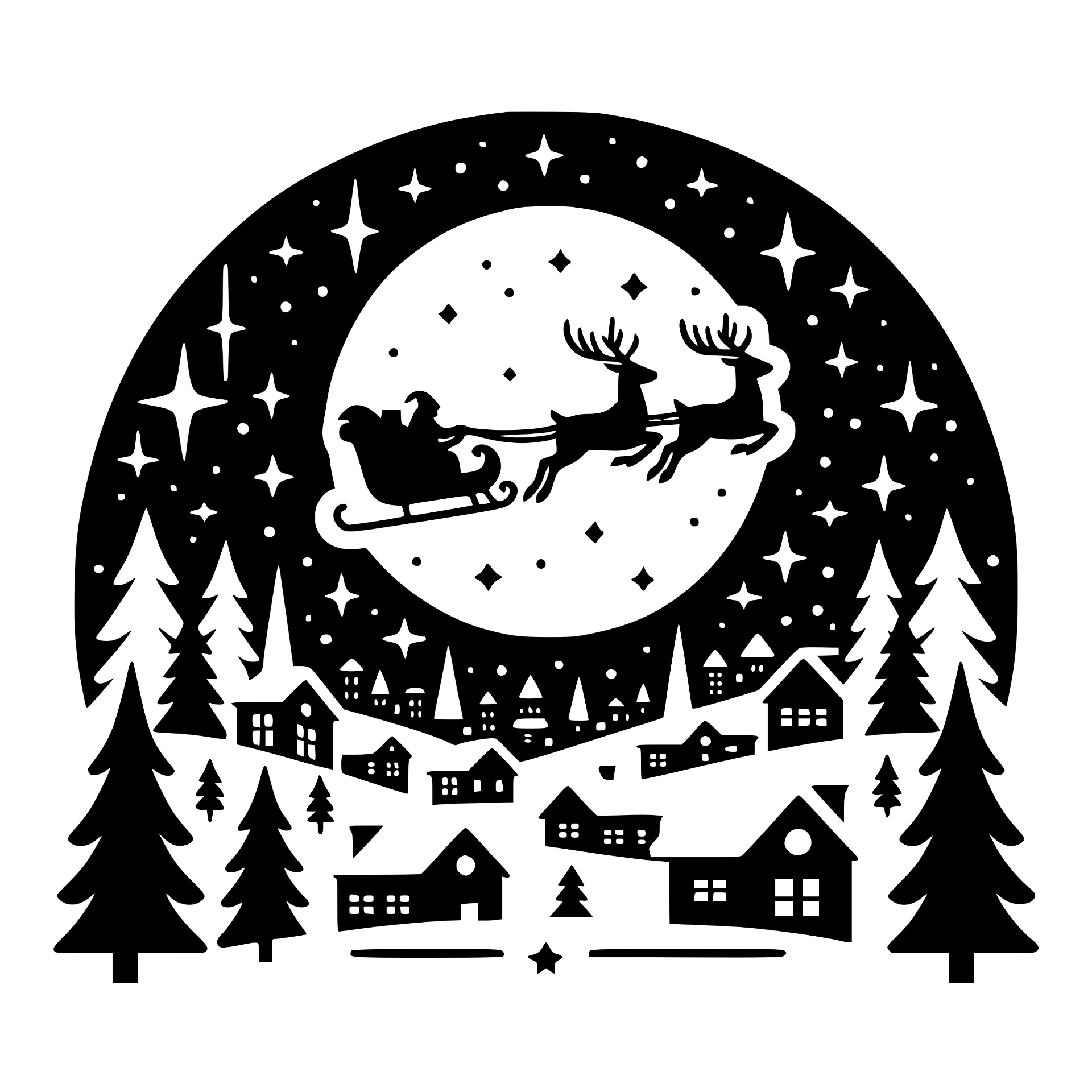 Santa sleigh flying over a snowy village under the moon